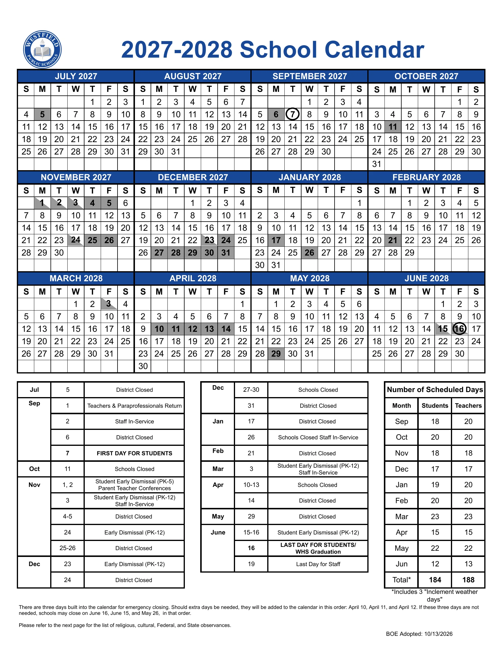 The Westfield Public Schools 2027-2028 School Calendar: month grids from July 2027 to June 2028 with closed days shaded gray, early dismissals half shaded and the first and last days circled, a dated list of closings and early dismissals, the number of scheduled days by month and the emergency closing note.