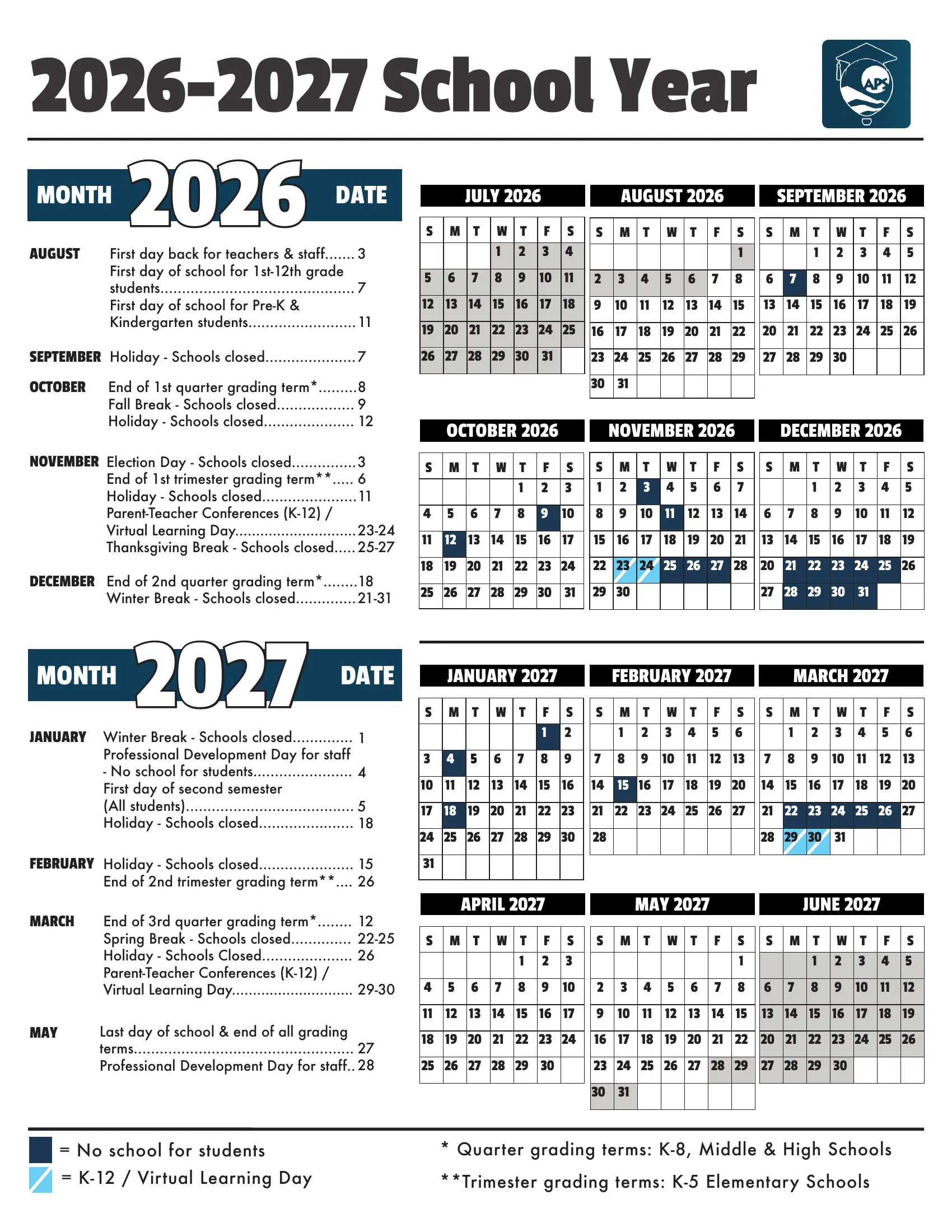 The Albuquerque Public Schools 2026-2027 School Year calendar: month grids from July 2026 to June 2027 with no-school days in dark blue and parent-teacher conference virtual learning days half shaded, beside a month-by-month list of dates and the grading term key.