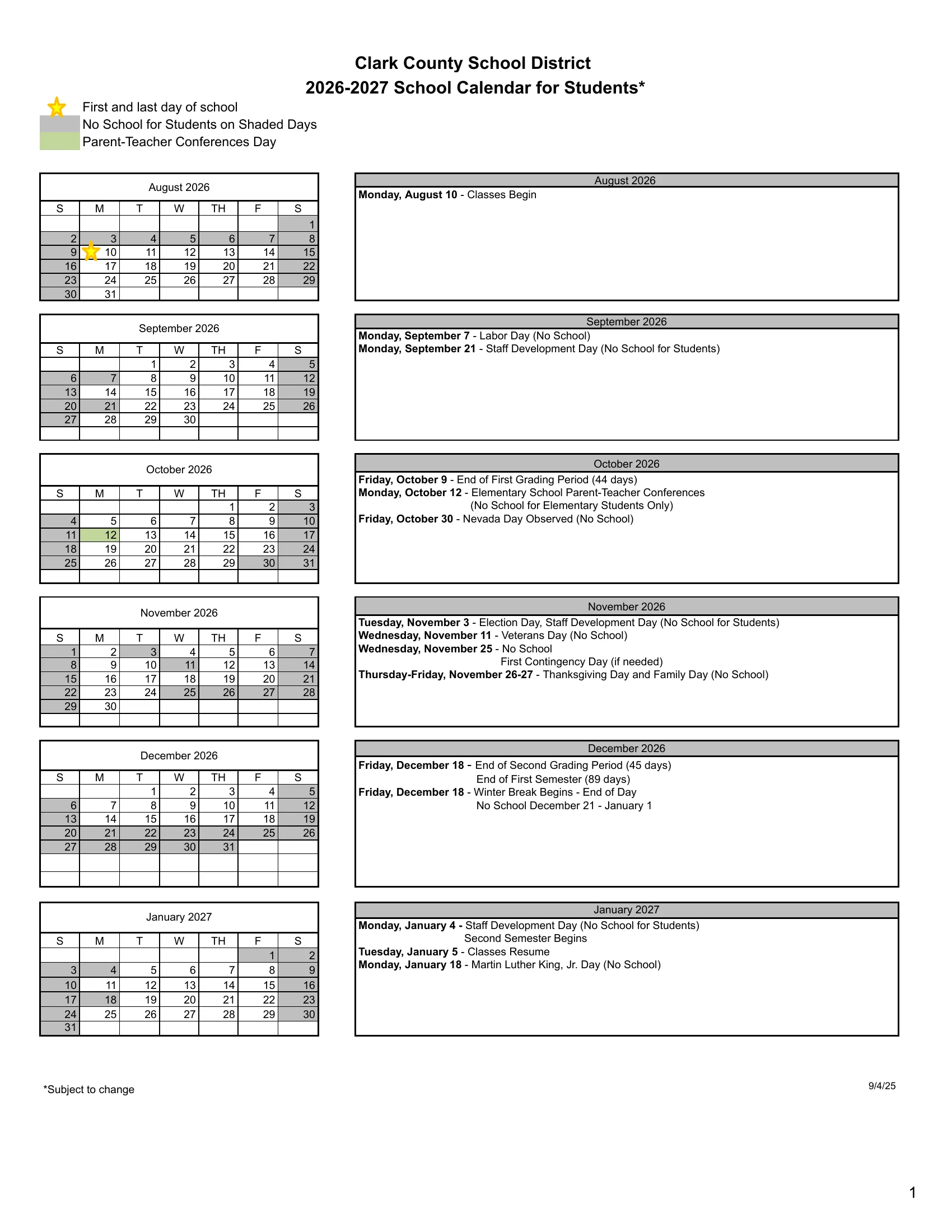 The Clark County School District 2026-2027 School Calendar for Students, two pages: month grids from August 2026 to May 2027 with no-school days shaded gray, the elementary conference day in green and stars on the first and last day, each beside a box listing that month's dates.