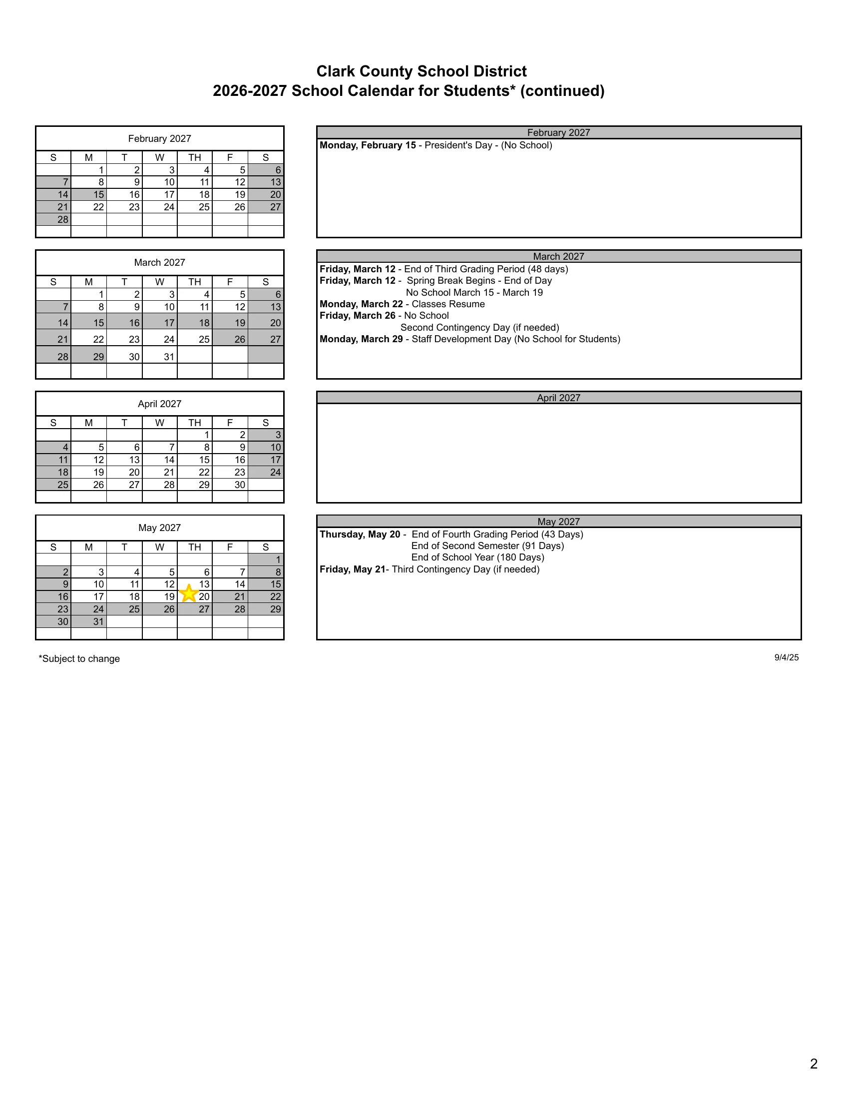 The Clark County School District 2026-2027 School Calendar for Students, two pages: month grids from August 2026 to May 2027 with no-school days shaded gray, the elementary conference day in green and stars on the first and last day, each beside a box listing that month's dates. Page 2 of 2.