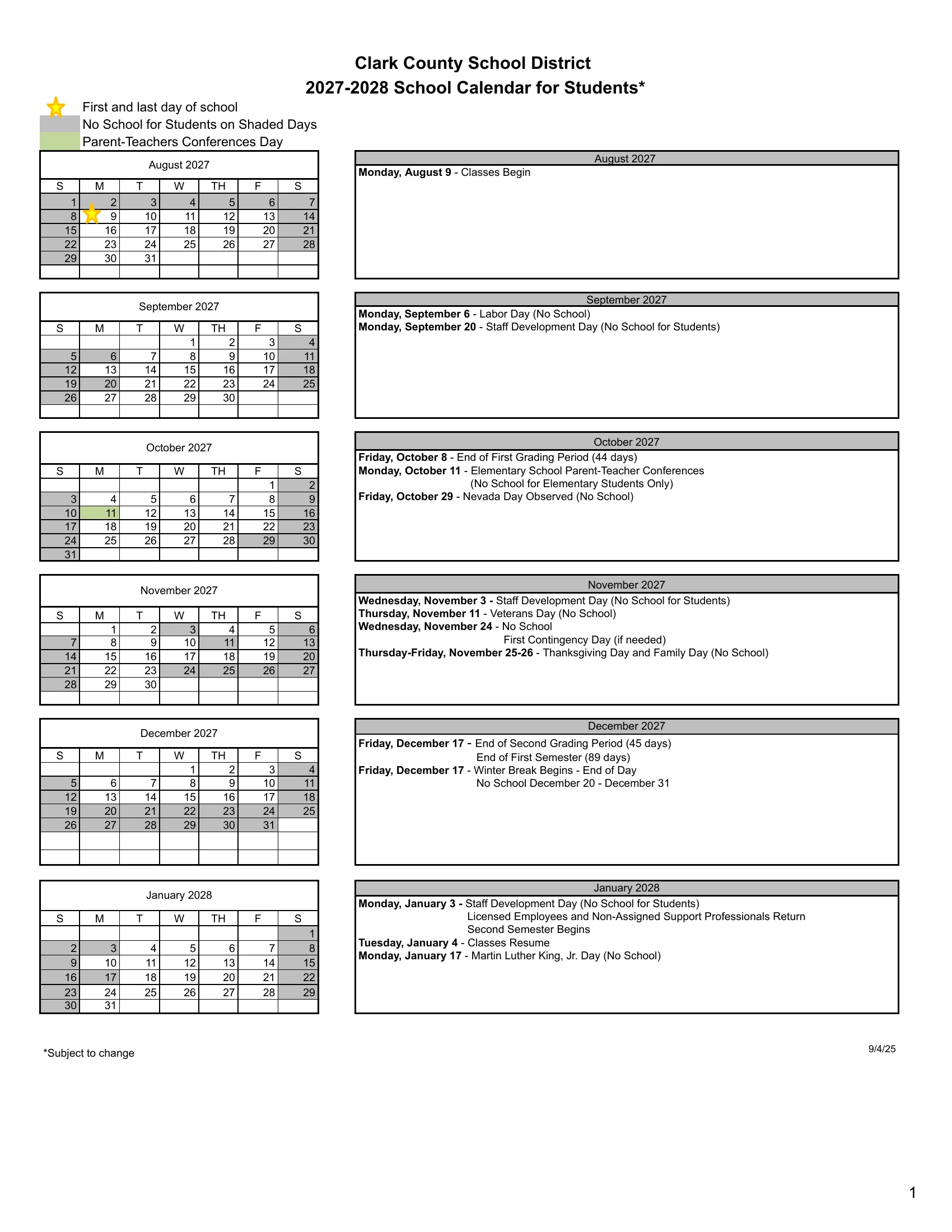 The Clark County School District 2027-2028 School Calendar for Students, two pages: month grids from August 2027 to May 2028 with no-school days shaded gray, the elementary conference day in green and stars on the first and last day, each beside a box listing that month's dates.