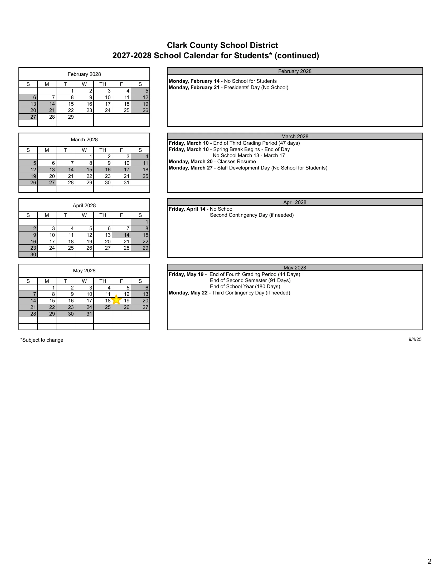 The Clark County School District 2027-2028 School Calendar for Students, two pages: month grids from August 2027 to May 2028 with no-school days shaded gray, the elementary conference day in green and stars on the first and last day, each beside a box listing that month's dates. Page 2 of 2.