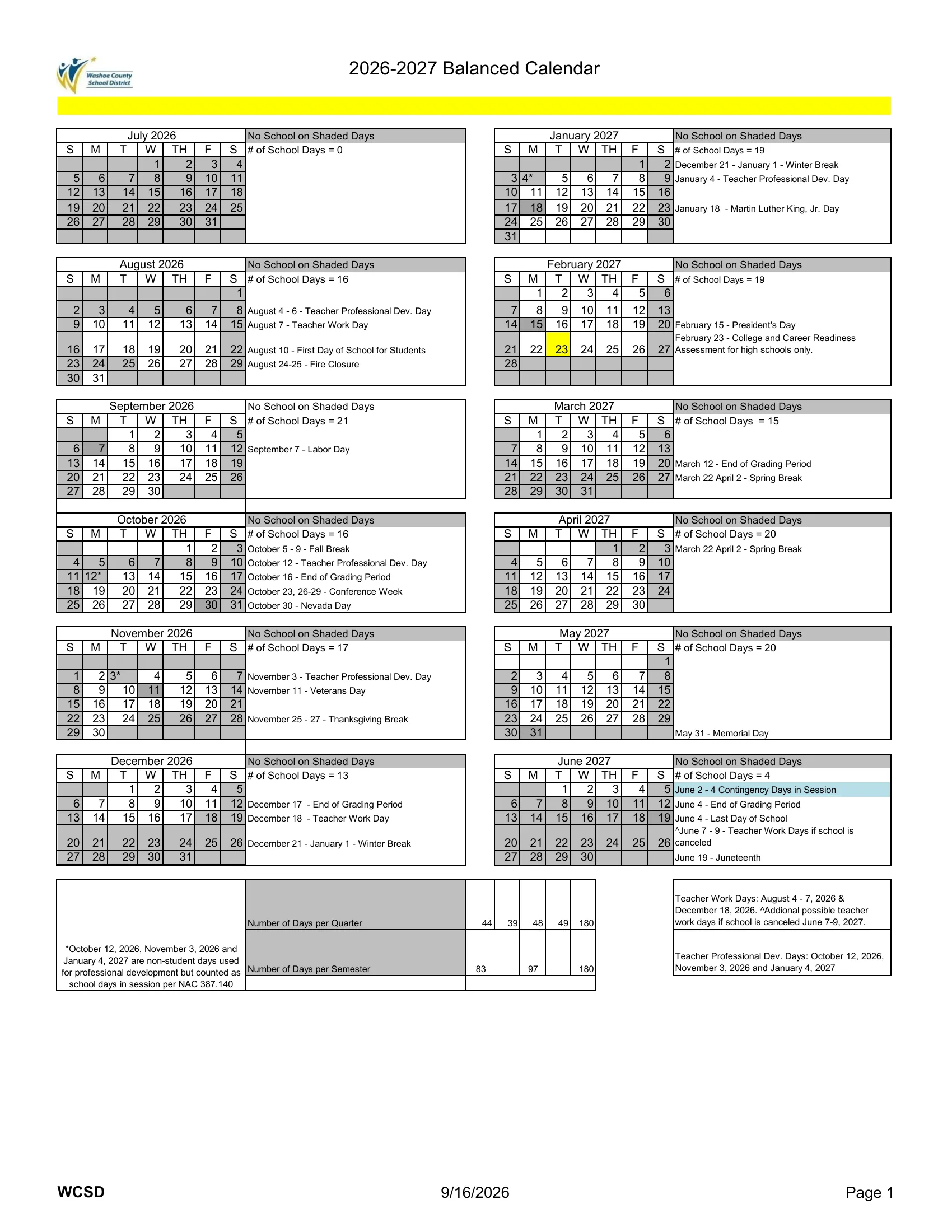 The Washoe County School District 2026-2027 Balanced Calendar: month grids from July 2026 to June 2027 with no-school days shaded gray, the professional development days starred, the Feb. 23 high school assessment in yellow, the contingency days in session in blue, the school days in each month and quarter, and a dated list beside each month.