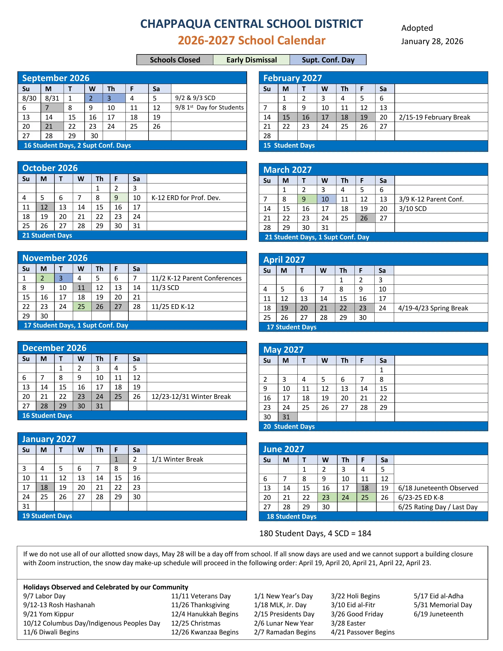 The Chappaqua Central School District 2026-2027 School Calendar, adopted January 28, 2026: ten month grids from September 2026 to June 2027 with schools-closed days in gray, early dismissals in green and superintendent's conference days in blue, monthly student-day counts, the snow day note and a list of holidays observed and celebrated by the community.