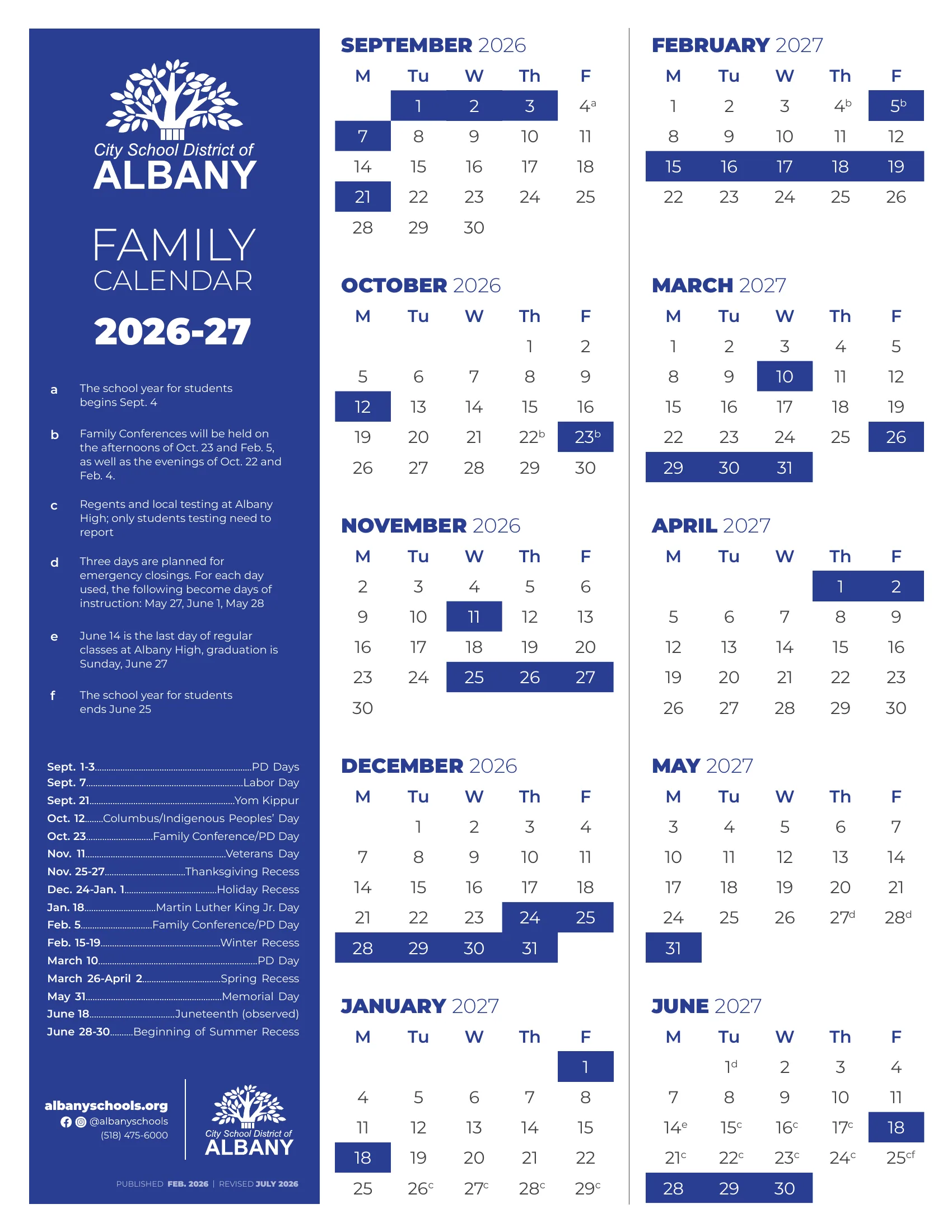 The City School District of Albany Family Calendar 2026-27: weekday month grids from September 2026 to June 2027 with days off shaded blue, lettered notes for the first and last day, family conferences, Regents testing and emergency days, and a list of holidays and recesses.