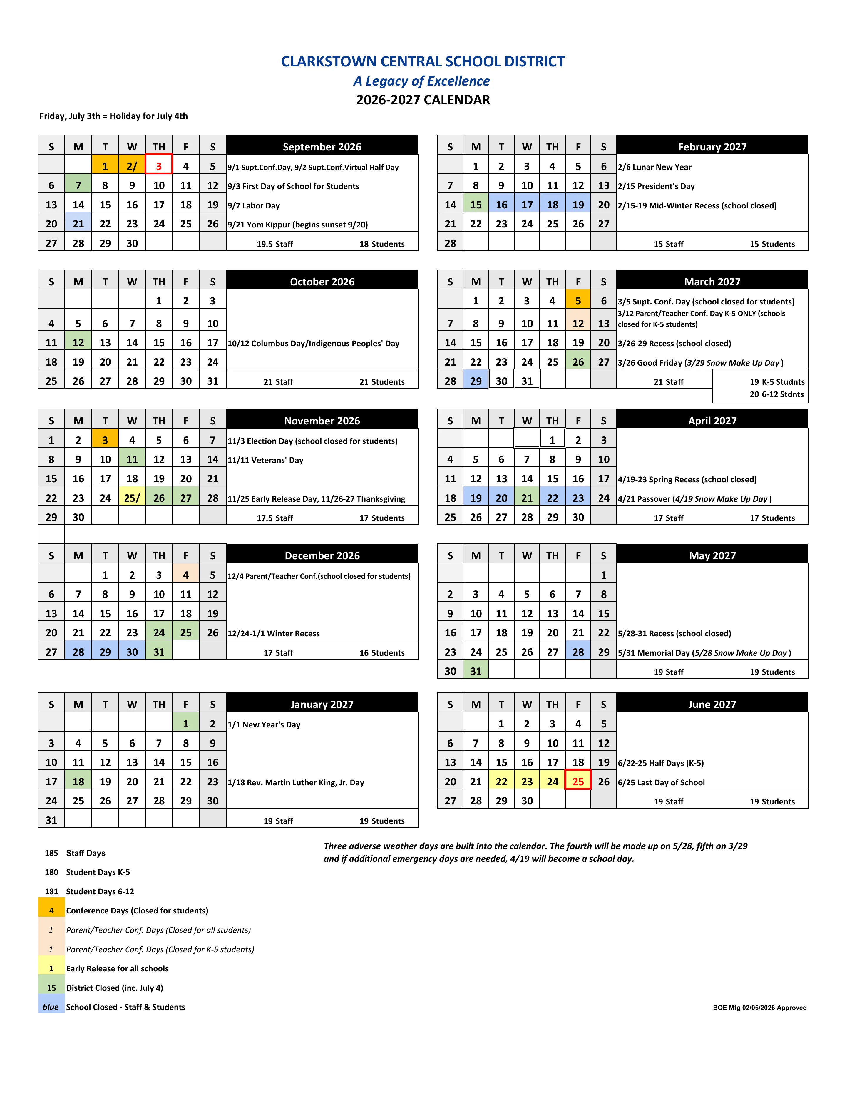 The Clarkstown Central School District 2026-2027 calendar: month grids from September 2026 to June 2027, each with its notes and staff and student day counts; days the district is closed in green, school closed for staff and students in blue, conference days in orange, parent-teacher conference days in peach, early release and K-5 half days in yellow, the first and last days outlined in red, and totals of staff and student days.