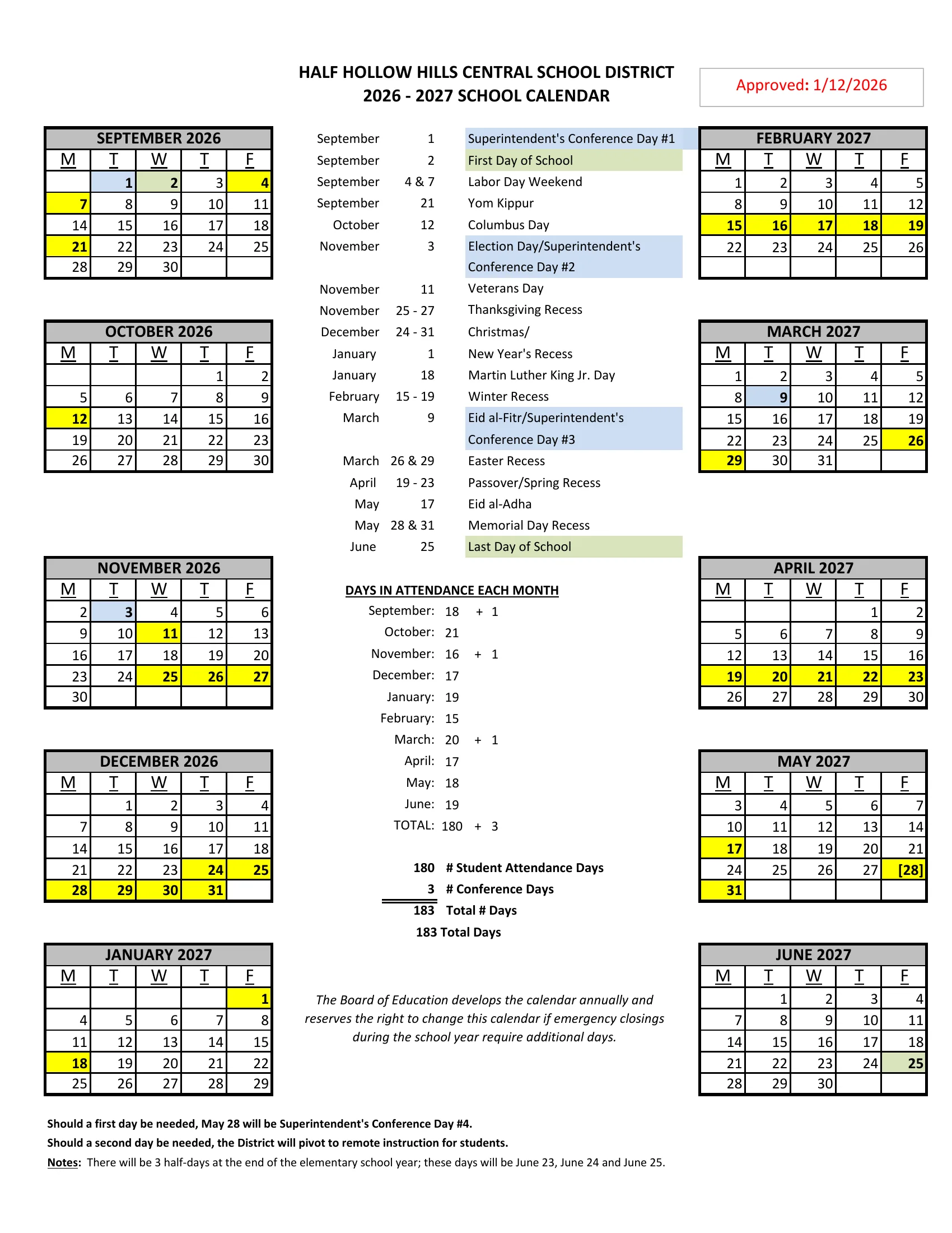 The Half Hollow Hills Central School District 2026-2027 school calendar: weekday month grids from September 2026 to June 2027 with school closings in yellow, superintendent's conference days in blue, the first and last days in green, a dated list of closings, the days in attendance each month and the emergency day notes.
