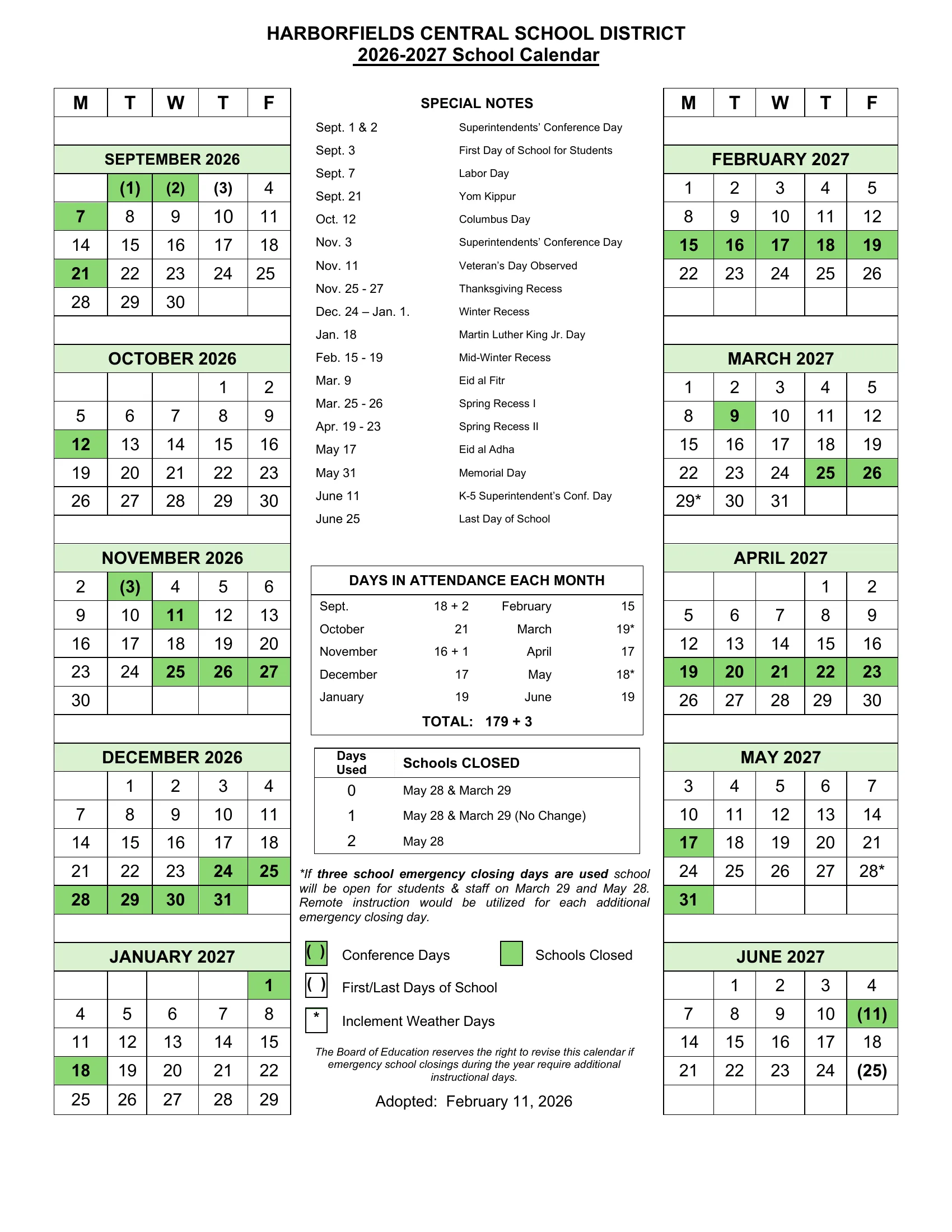The Harborfields Central School District 2026-2027 School Calendar: weekday month grids from September 2026 to June 2027 with days schools are closed in green, conference days and the first and last days in parentheses and inclement weather days starred, a list of special notes, the days in attendance each month (179 plus 3) and the emergency closing table.