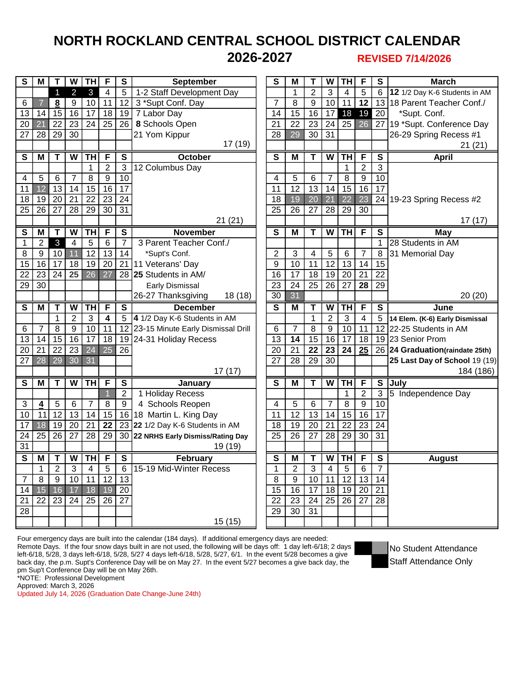 The North Rockland Central School District 2026-2027 calendar: month grids from September 2026 to August 2027, each beside its list of dates, with no-student days in gray, staff-only days in black, half days in bold, the student and staff day count for each month, and the emergency day rules at the foot.