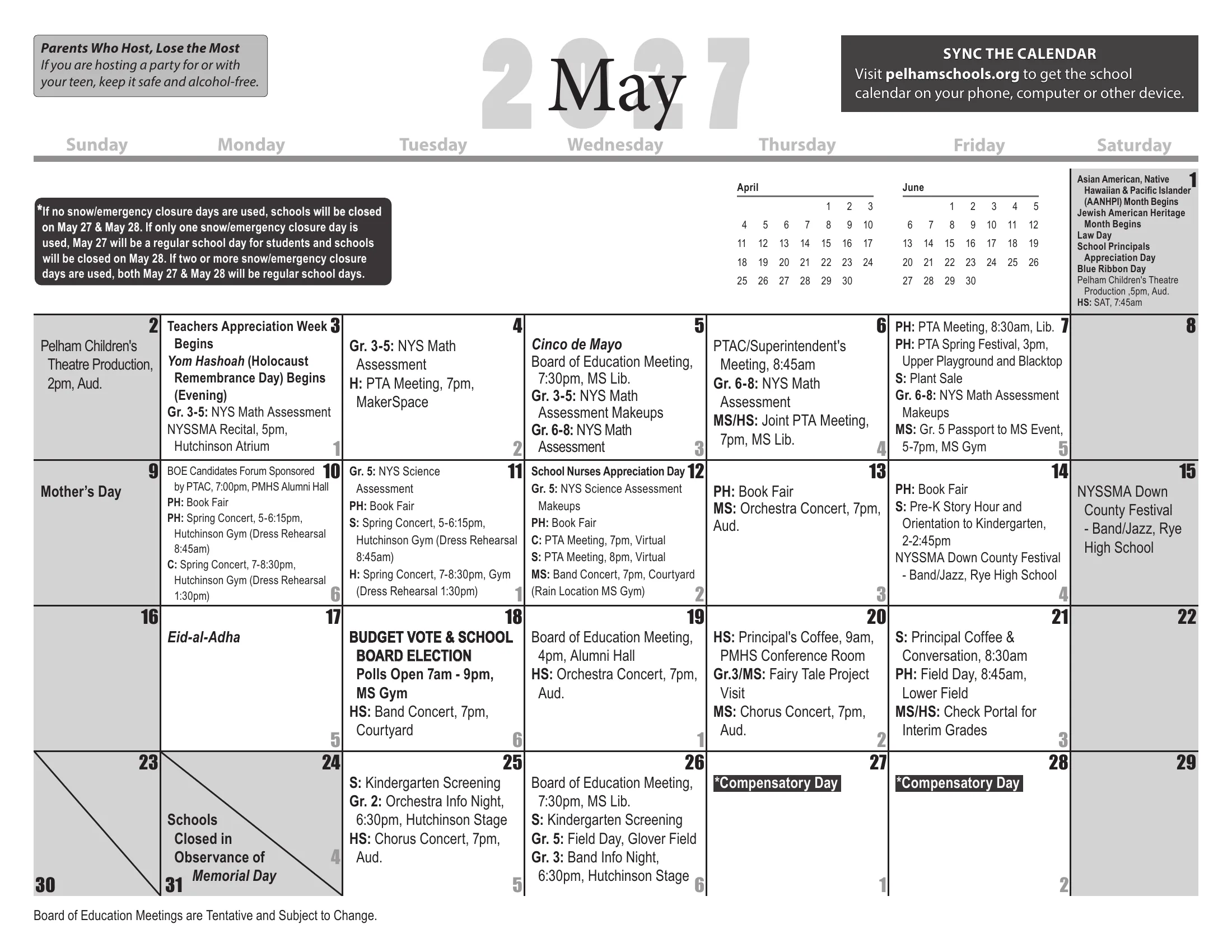 The Pelham Public Schools 2026-27 detail school calendar: one month grid per page from August 2026 to July 2027, with days schools are closed shaded gray, half days shaded diagonally, each school day's cycle day number in its corner, and district, school and Board of Education events written in the day cells. June carries the footnote on grades K-6 and snow days. Page 10 of 12.