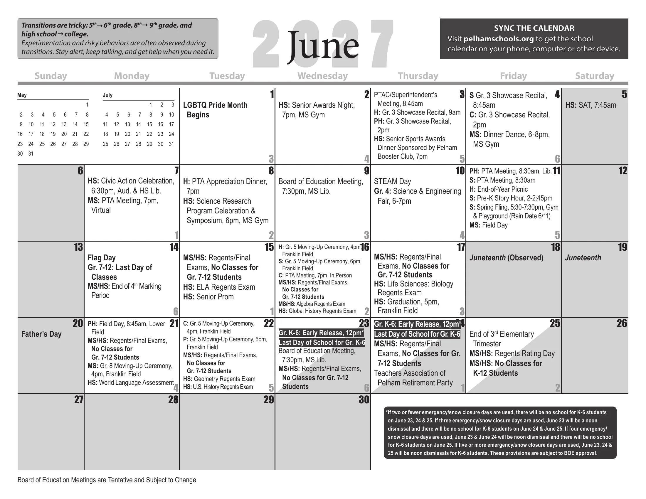 The Pelham Public Schools 2026-27 detail school calendar: one month grid per page from August 2026 to July 2027, with days schools are closed shaded gray, half days shaded diagonally, each school day's cycle day number in its corner, and district, school and Board of Education events written in the day cells. June carries the footnote on grades K-6 and snow days. Page 11 of 12.