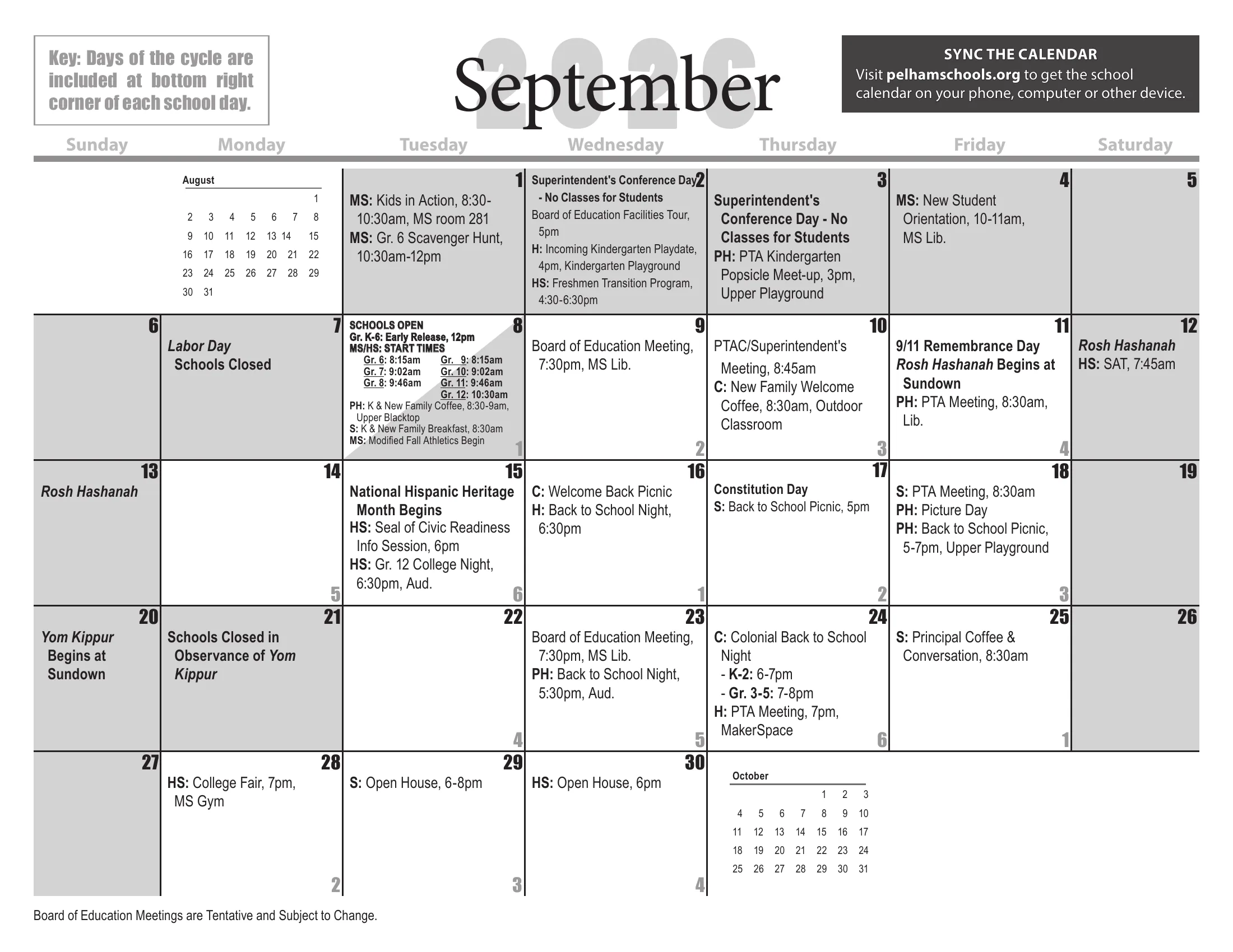 The Pelham Public Schools 2026-27 detail school calendar: one month grid per page from August 2026 to July 2027, with days schools are closed shaded gray, half days shaded diagonally, each school day's cycle day number in its corner, and district, school and Board of Education events written in the day cells. June carries the footnote on grades K-6 and snow days. Page 2 of 12.