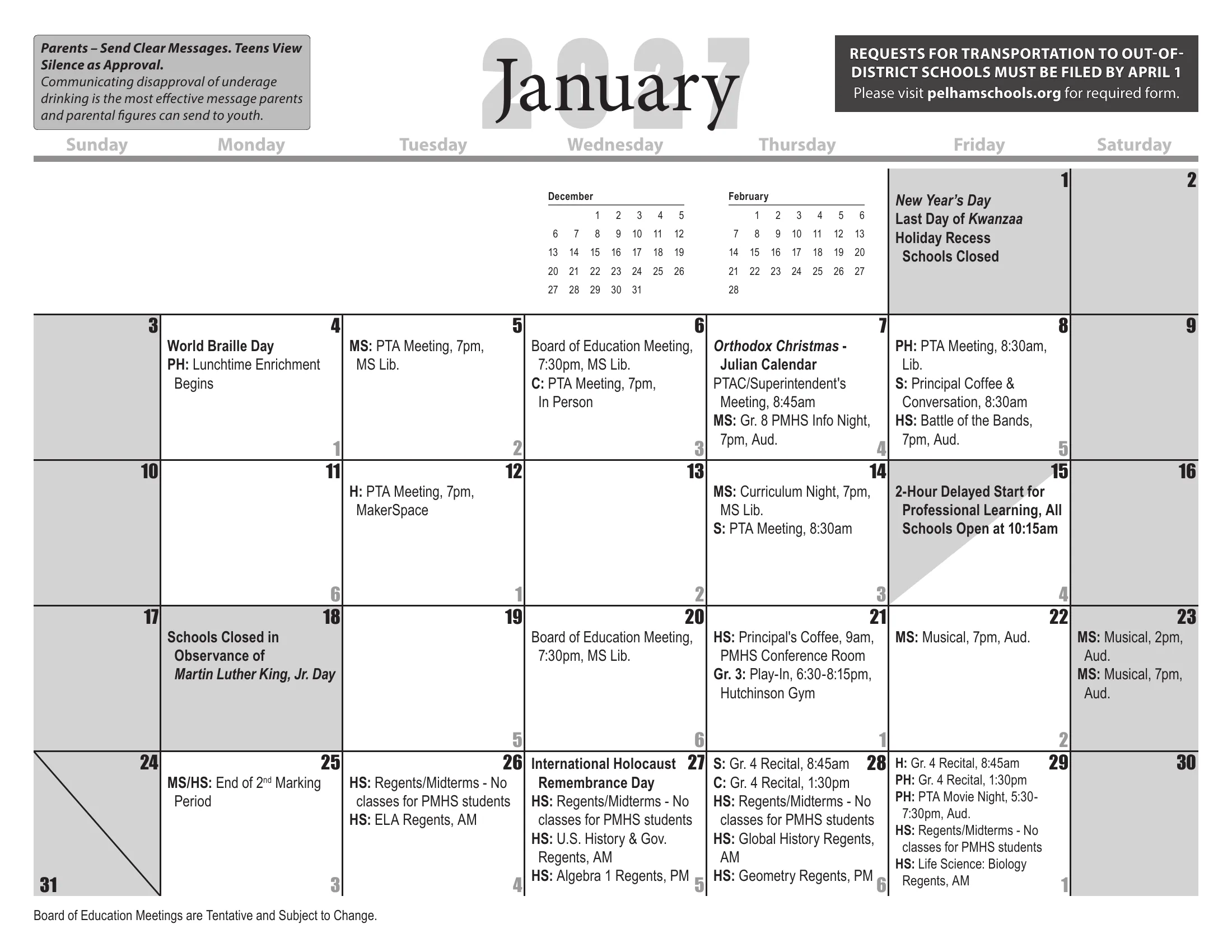 The Pelham Public Schools 2026-27 detail school calendar: one month grid per page from August 2026 to July 2027, with days schools are closed shaded gray, half days shaded diagonally, each school day's cycle day number in its corner, and district, school and Board of Education events written in the day cells. June carries the footnote on grades K-6 and snow days. Page 6 of 12.