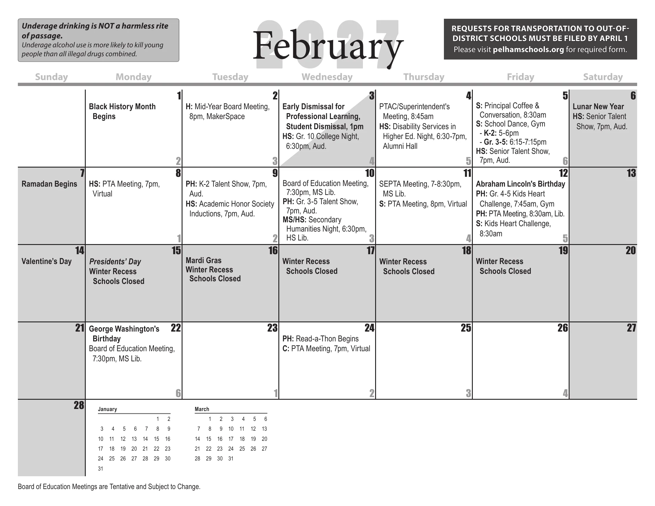 The Pelham Public Schools 2026-27 detail school calendar: one month grid per page from August 2026 to July 2027, with days schools are closed shaded gray, half days shaded diagonally, each school day's cycle day number in its corner, and district, school and Board of Education events written in the day cells. June carries the footnote on grades K-6 and snow days. Page 7 of 12.