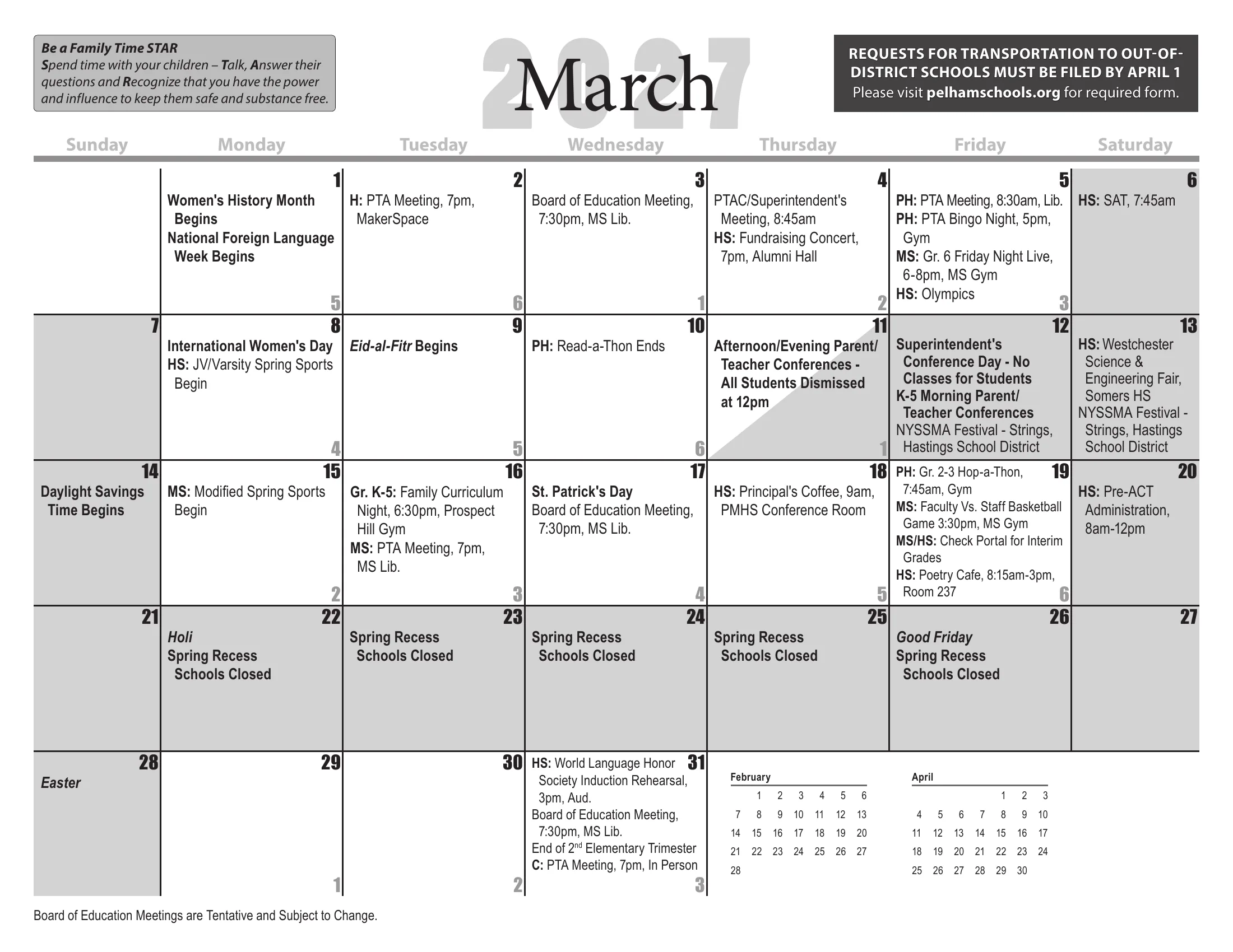 The Pelham Public Schools 2026-27 detail school calendar: one month grid per page from August 2026 to July 2027, with days schools are closed shaded gray, half days shaded diagonally, each school day's cycle day number in its corner, and district, school and Board of Education events written in the day cells. June carries the footnote on grades K-6 and snow days. Page 8 of 12.