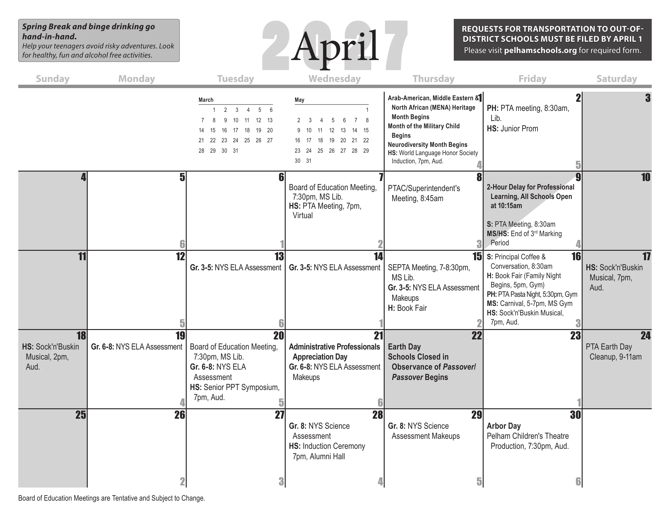 The Pelham Public Schools 2026-27 detail school calendar: one month grid per page from August 2026 to July 2027, with days schools are closed shaded gray, half days shaded diagonally, each school day's cycle day number in its corner, and district, school and Board of Education events written in the day cells. June carries the footnote on grades K-6 and snow days. Page 9 of 12.