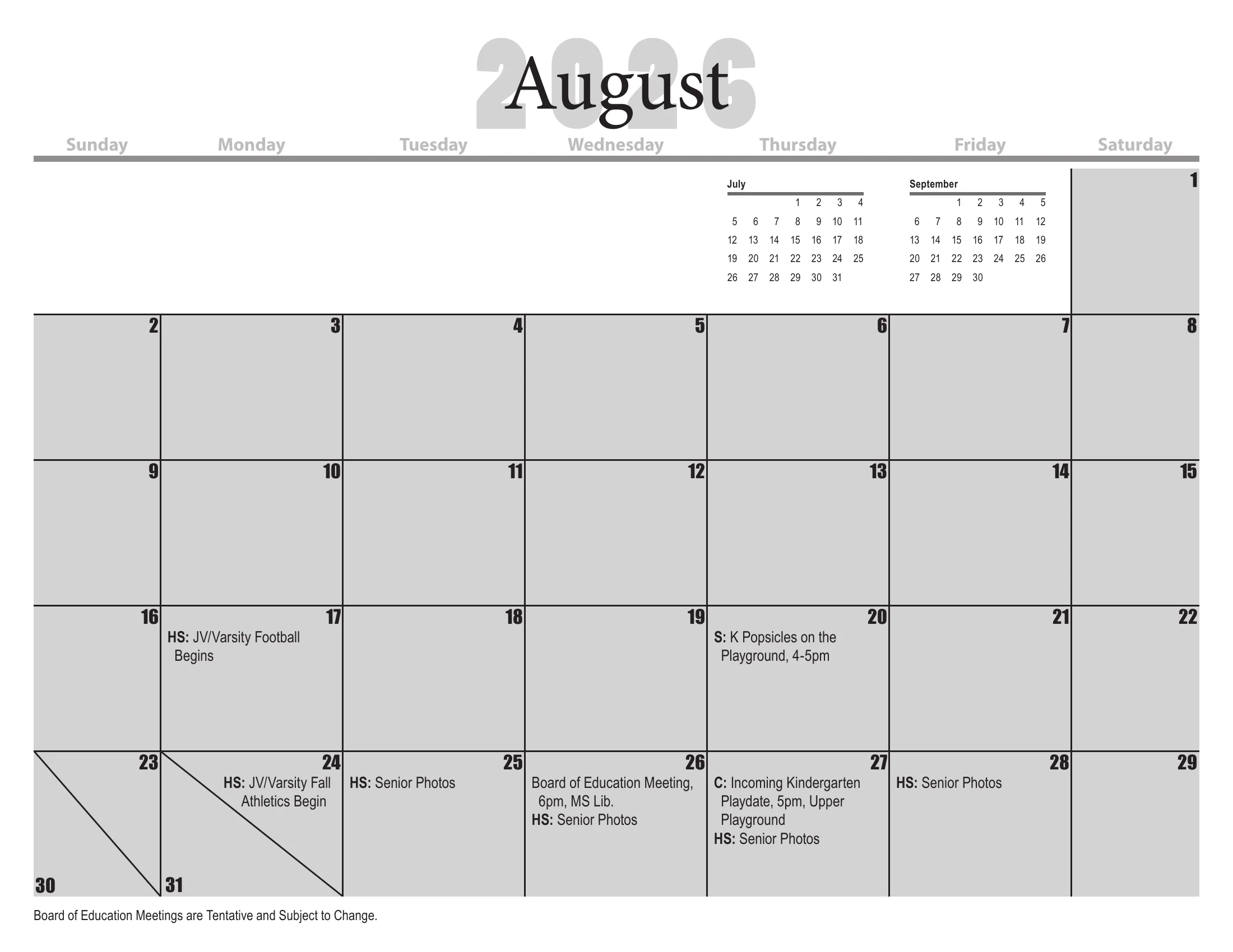 The Pelham Public Schools 2026-27 detail school calendar: one month grid per page from August 2026 to July 2027, with days schools are closed shaded gray, half days shaded diagonally, each school day's cycle day number in its corner, and district, school and Board of Education events written in the day cells. June carries the footnote on grades K-6 and snow days.