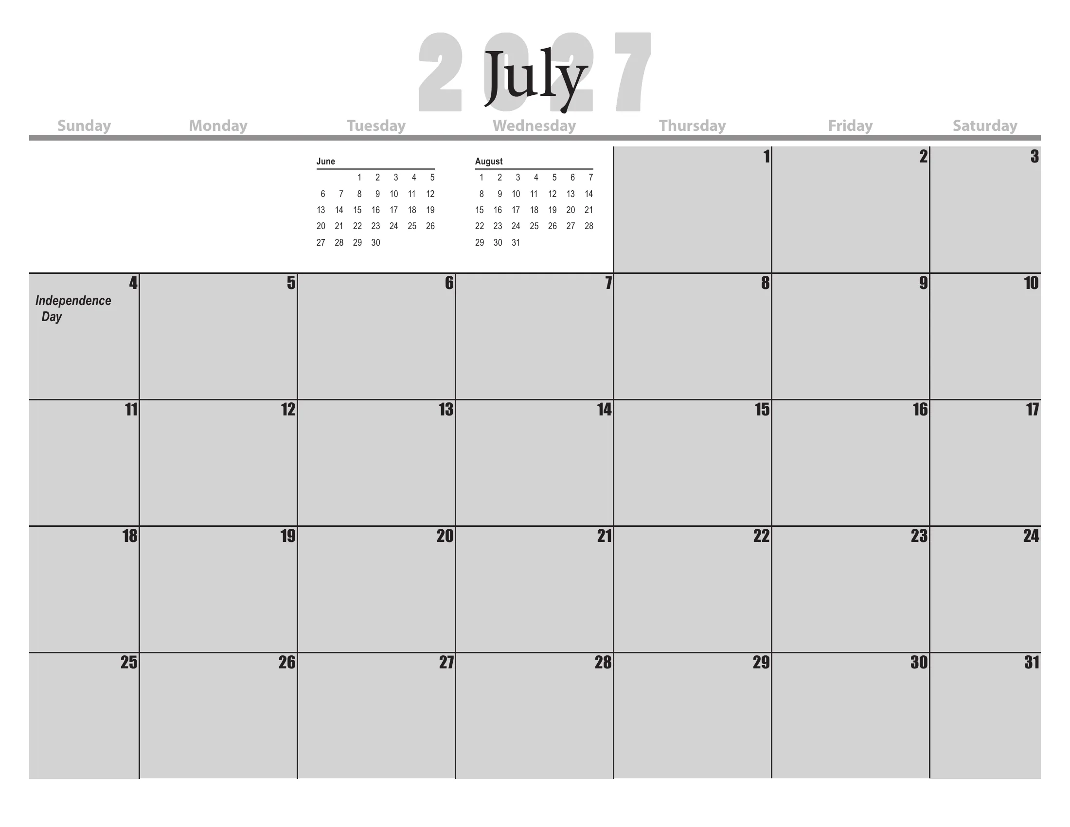 The Pelham Public Schools 2026-27 detail school calendar: one month grid per page from August 2026 to July 2027, with days schools are closed shaded gray, half days shaded diagonally, each school day's cycle day number in its corner, and district, school and Board of Education events written in the day cells. June carries the footnote on grades K-6 and snow days. Page 12 of 12.