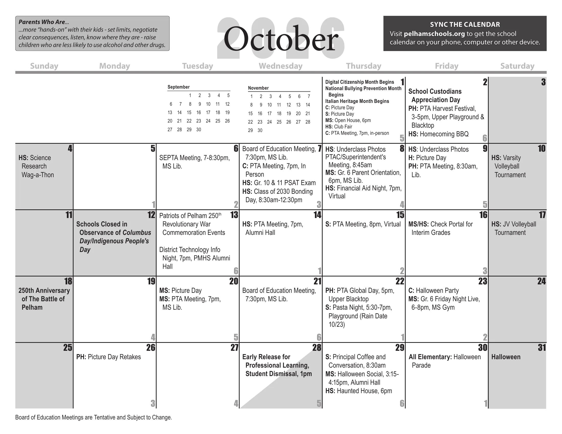 The Pelham Public Schools 2026-27 detail school calendar: one month grid per page from August 2026 to July 2027, with days schools are closed shaded gray, half days shaded diagonally, each school day's cycle day number in its corner, and district, school and Board of Education events written in the day cells. June carries the footnote on grades K-6 and snow days. Page 3 of 12.