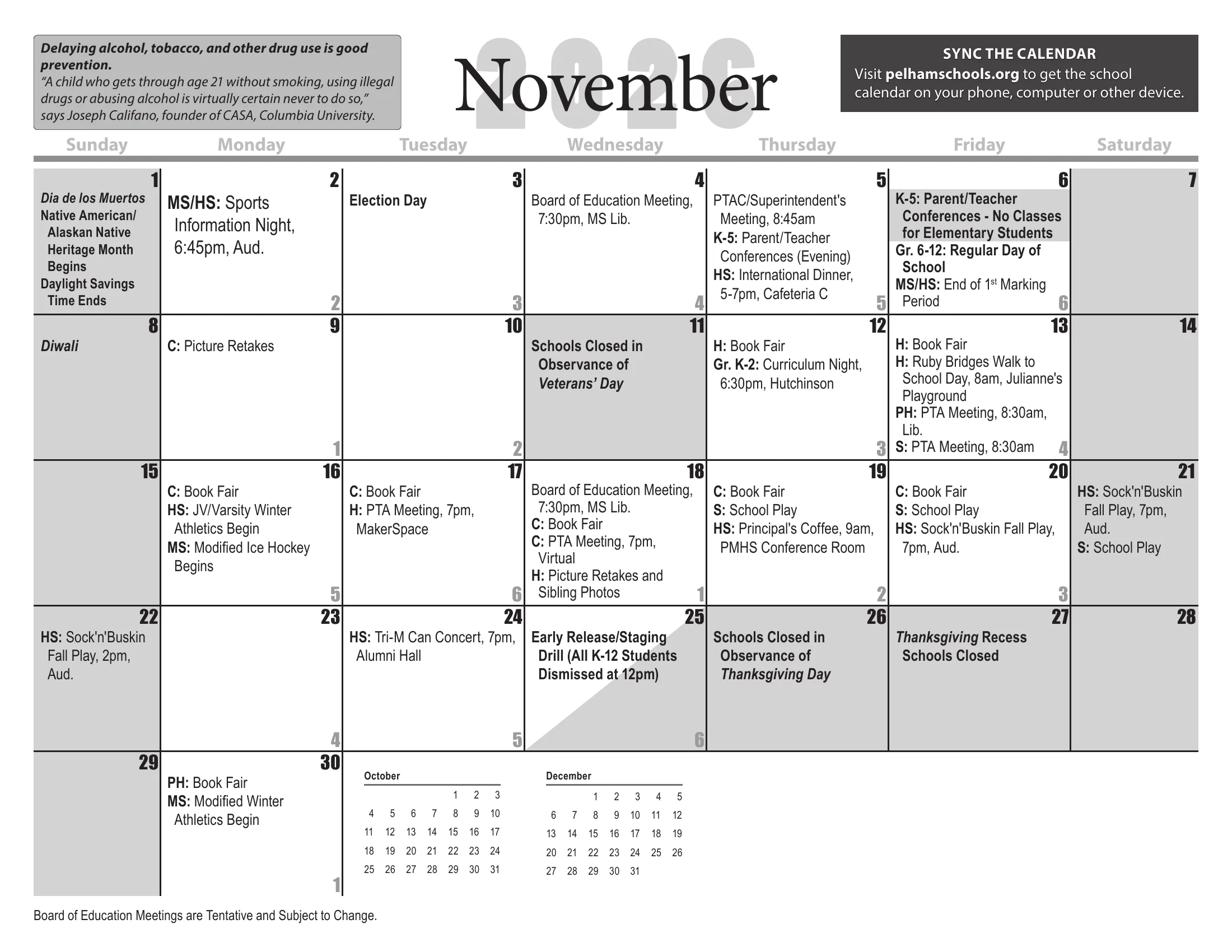 The Pelham Public Schools 2026-27 detail school calendar: one month grid per page from August 2026 to July 2027, with days schools are closed shaded gray, half days shaded diagonally, each school day's cycle day number in its corner, and district, school and Board of Education events written in the day cells. June carries the footnote on grades K-6 and snow days. Page 4 of 12.