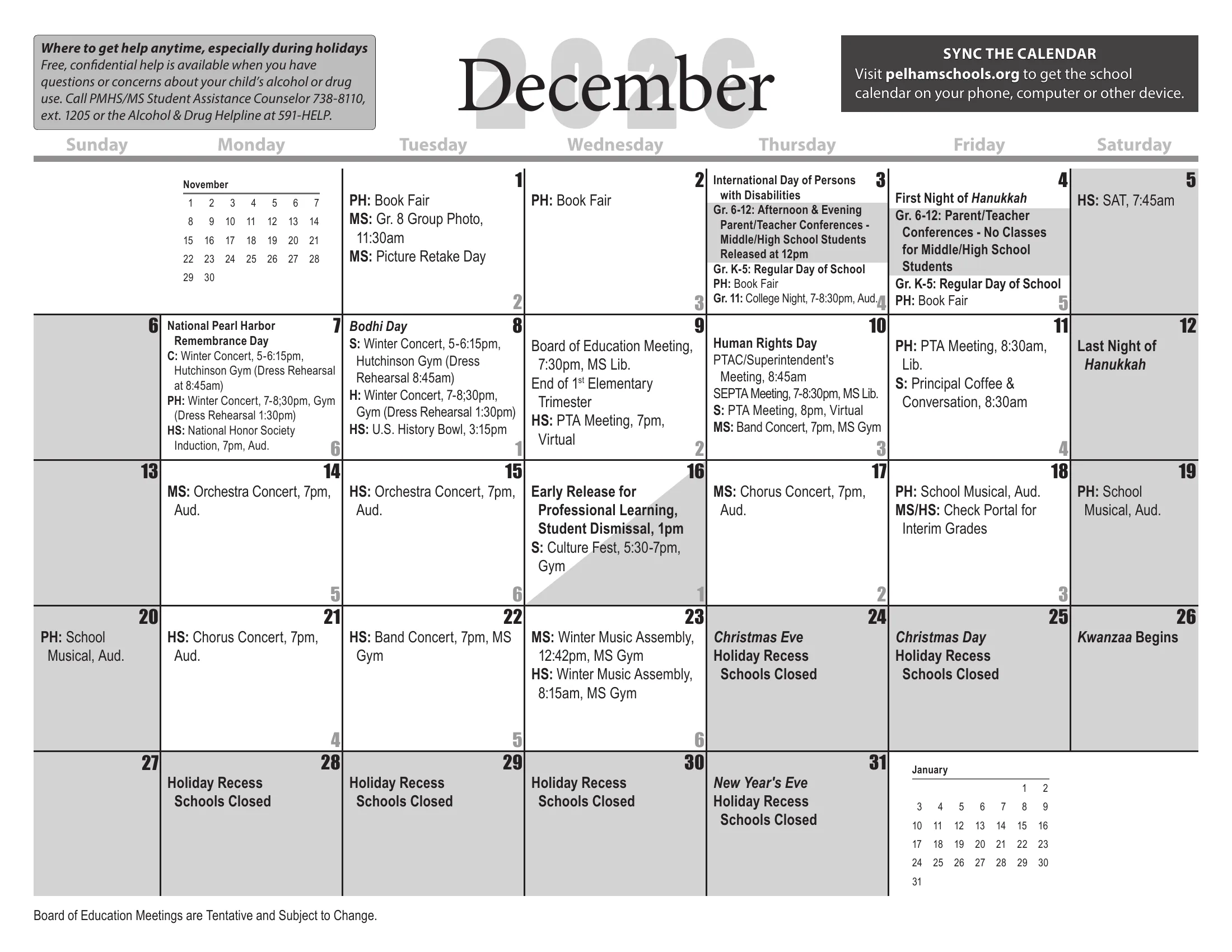 The Pelham Public Schools 2026-27 detail school calendar: one month grid per page from August 2026 to July 2027, with days schools are closed shaded gray, half days shaded diagonally, each school day's cycle day number in its corner, and district, school and Board of Education events written in the day cells. June carries the footnote on grades K-6 and snow days. Page 5 of 12.