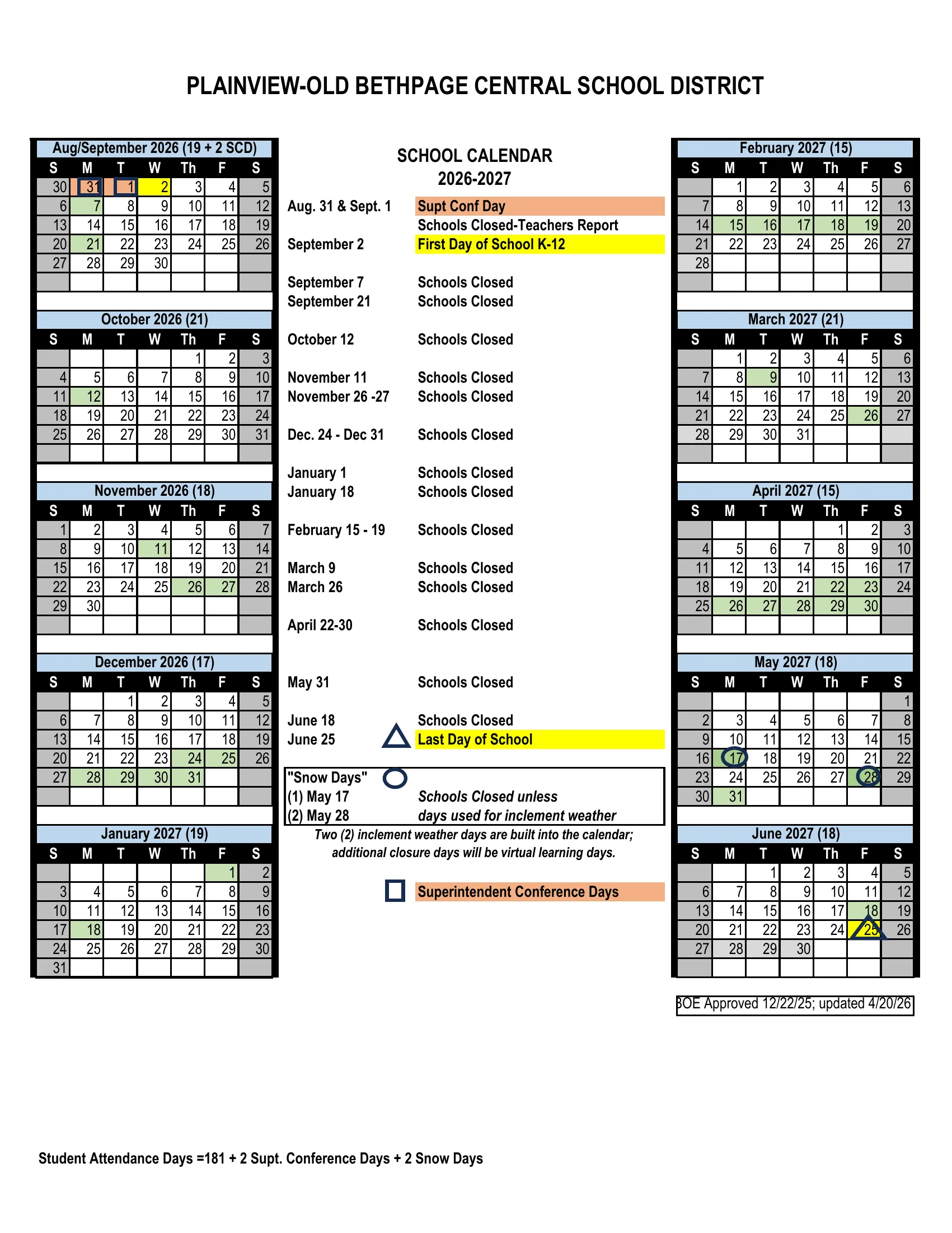 The Plainview-Old Bethpage Central School District 2026-2027 school calendar: month grids from August/September 2026 to June 2027 with each month's school-day count, closed days in green, superintendent conference days in orange with squares, the first and last days in yellow, the two snow days circled on May 17 and 28, and a center list of every closing.
