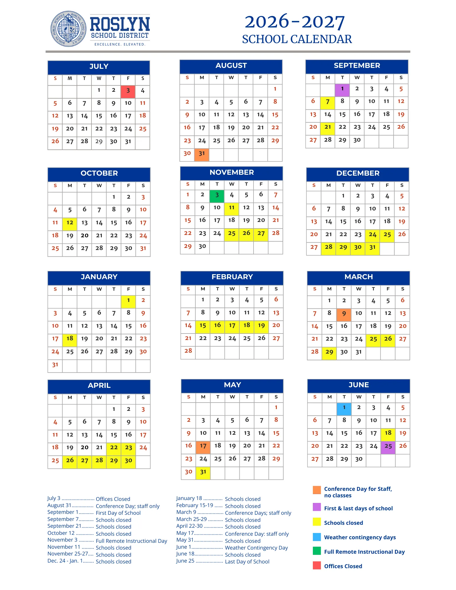 The Roslyn School District 2026-2027 school calendar: month grids from July 2026 to June 2027 with schools closed in yellow, staff conference days in orange, the first and last days in purple, the weather contingency day in blue, the full remote instructional day in green, and a dated list of closings.