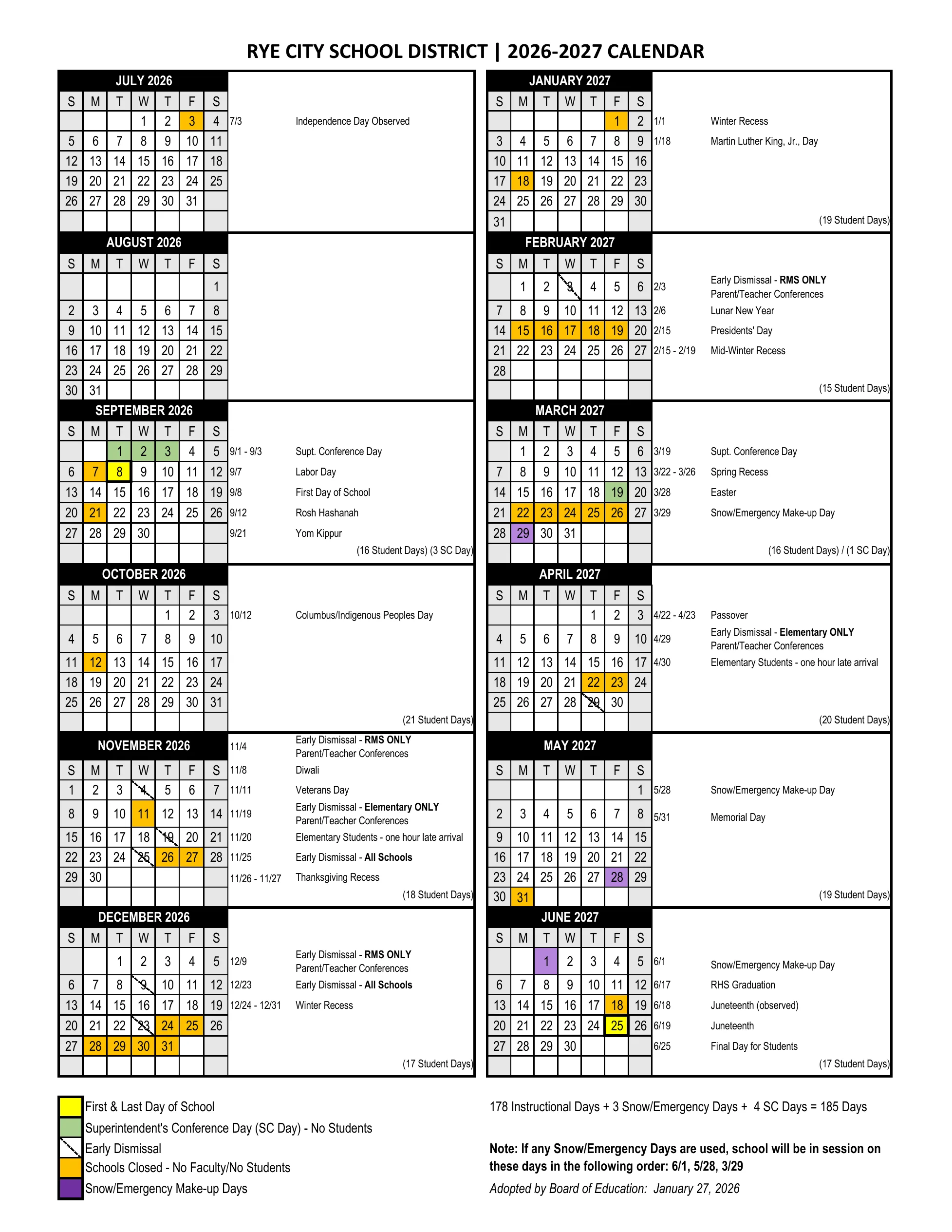 The Rye City School District 2026-2027 Calendar: month grids from July 2026 to June 2027 with the first and last day in yellow, superintendent's conference days in green, schools closed in orange, snow and emergency makeup days in purple and early dismissals marked with a diagonal line, notes beside each month, monthly student day counts and the makeup day order.