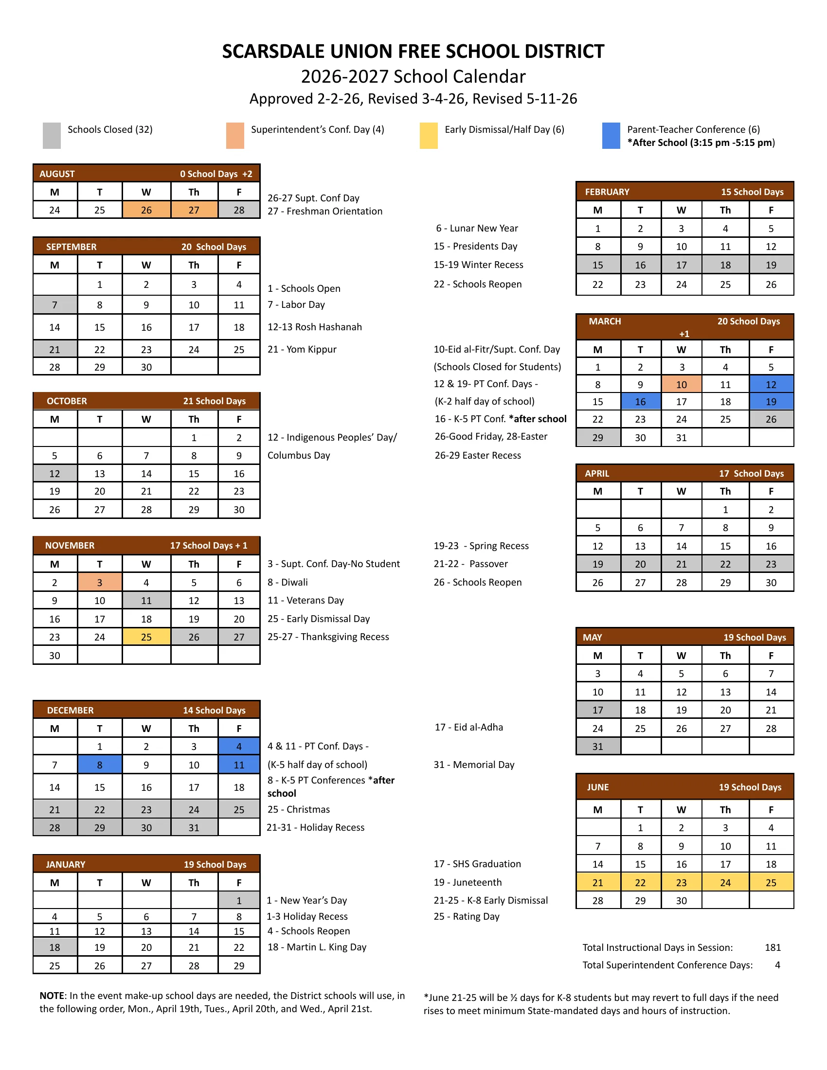 The Scarsdale Union Free School District 2026-2027 School Calendar: weekday-only month grids from August 2026 to June 2027 with schools closed in gray, superintendent's conference days in orange, early dismissal and half days in yellow and parent-teacher conferences in blue, notes beside each month, school day counts and the makeup day and half day footnotes.