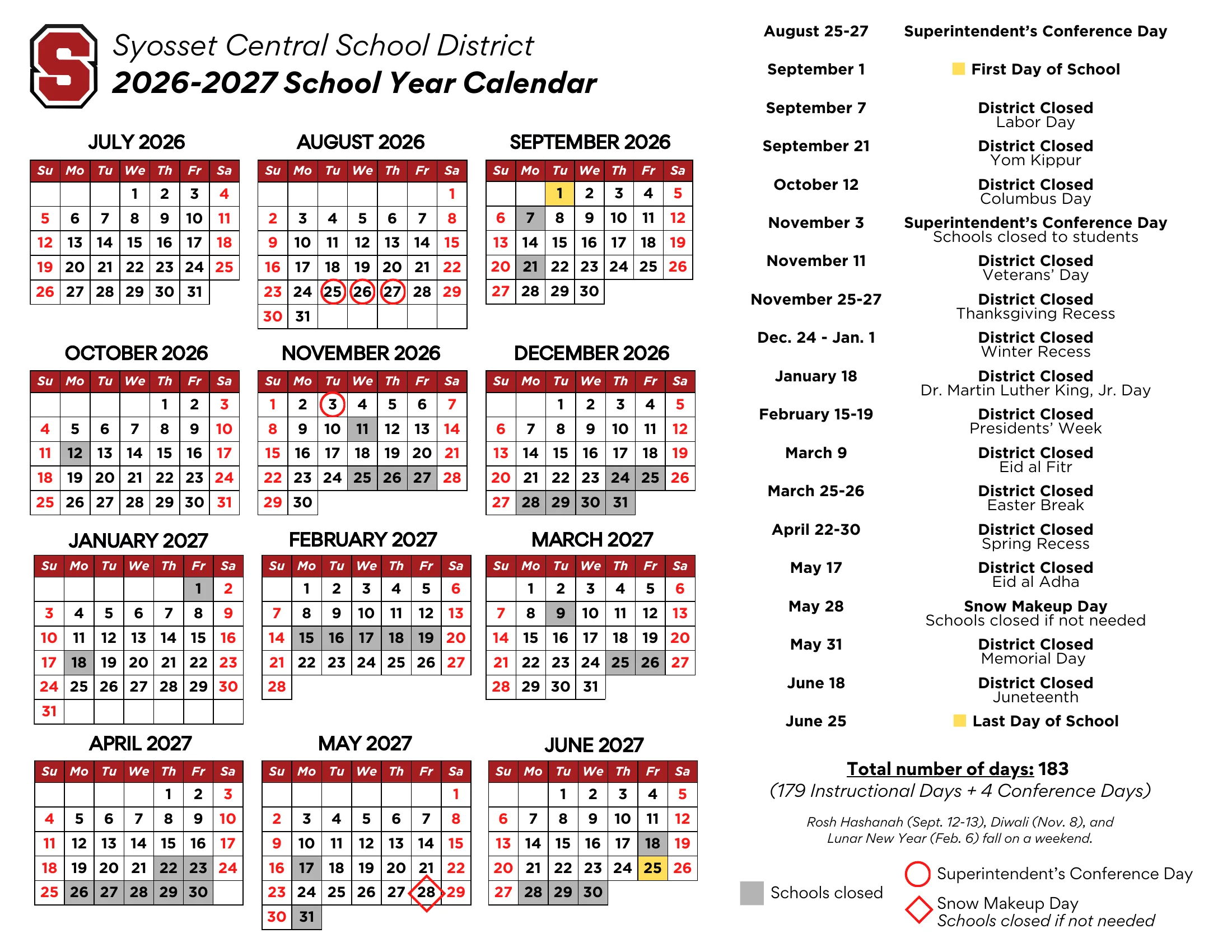 The Syosset Central School District 2026-2027 School Year Calendar: month grids from July 2026 to June 2027 with schools closed in gray, superintendent's conference days circled in red, the snow makeup day in a red diamond and the first and last day in yellow, beside a list of every closing and the total of 183 days.