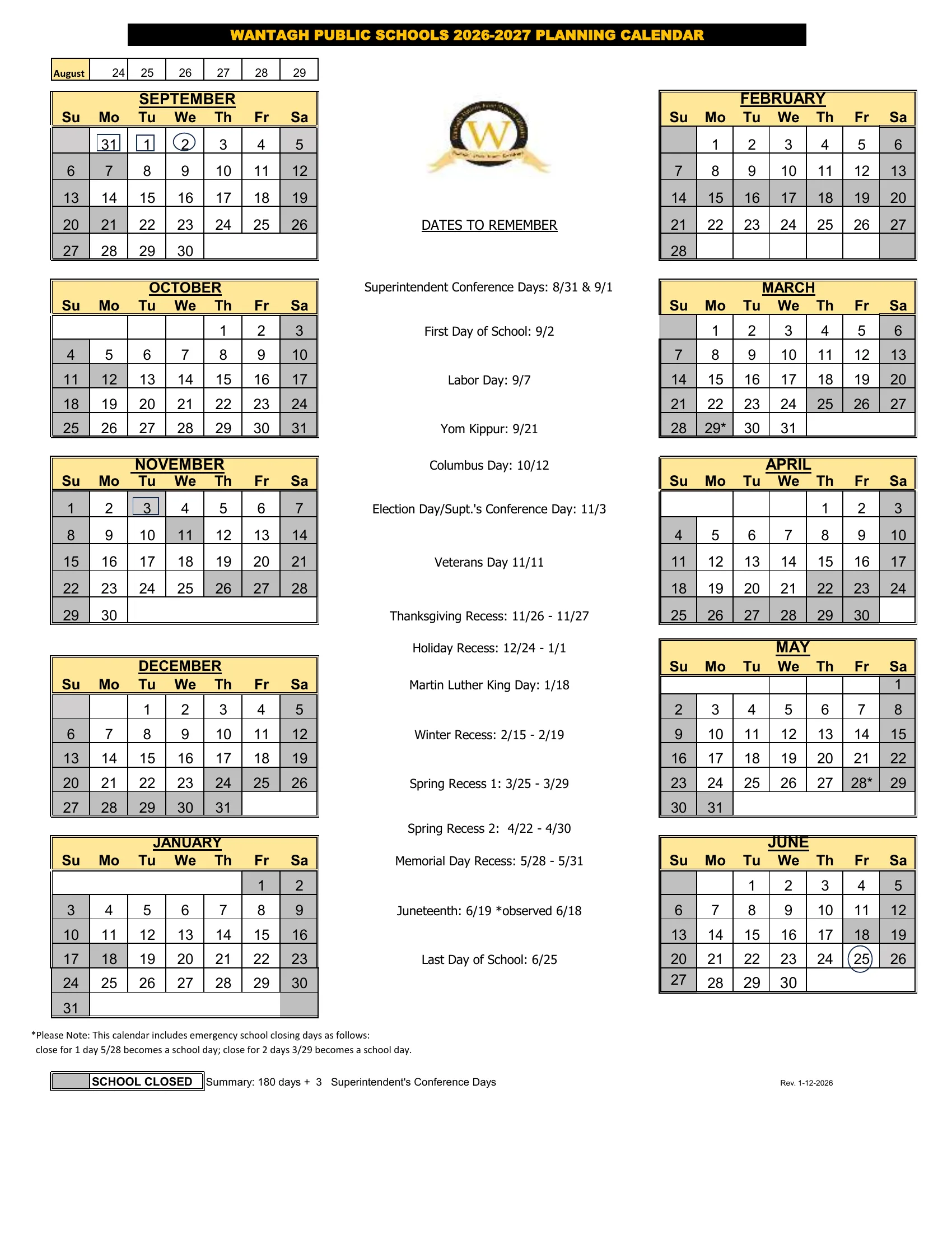 The Wantagh Public Schools 2026-2027 Planning Calendar: month grids from September 2026 to June 2027 with school-closed days shaded gray, the superintendent's conference days boxed, the first and last days circled, a list of dates to remember and a note on the two emergency closing days built into the calendar.