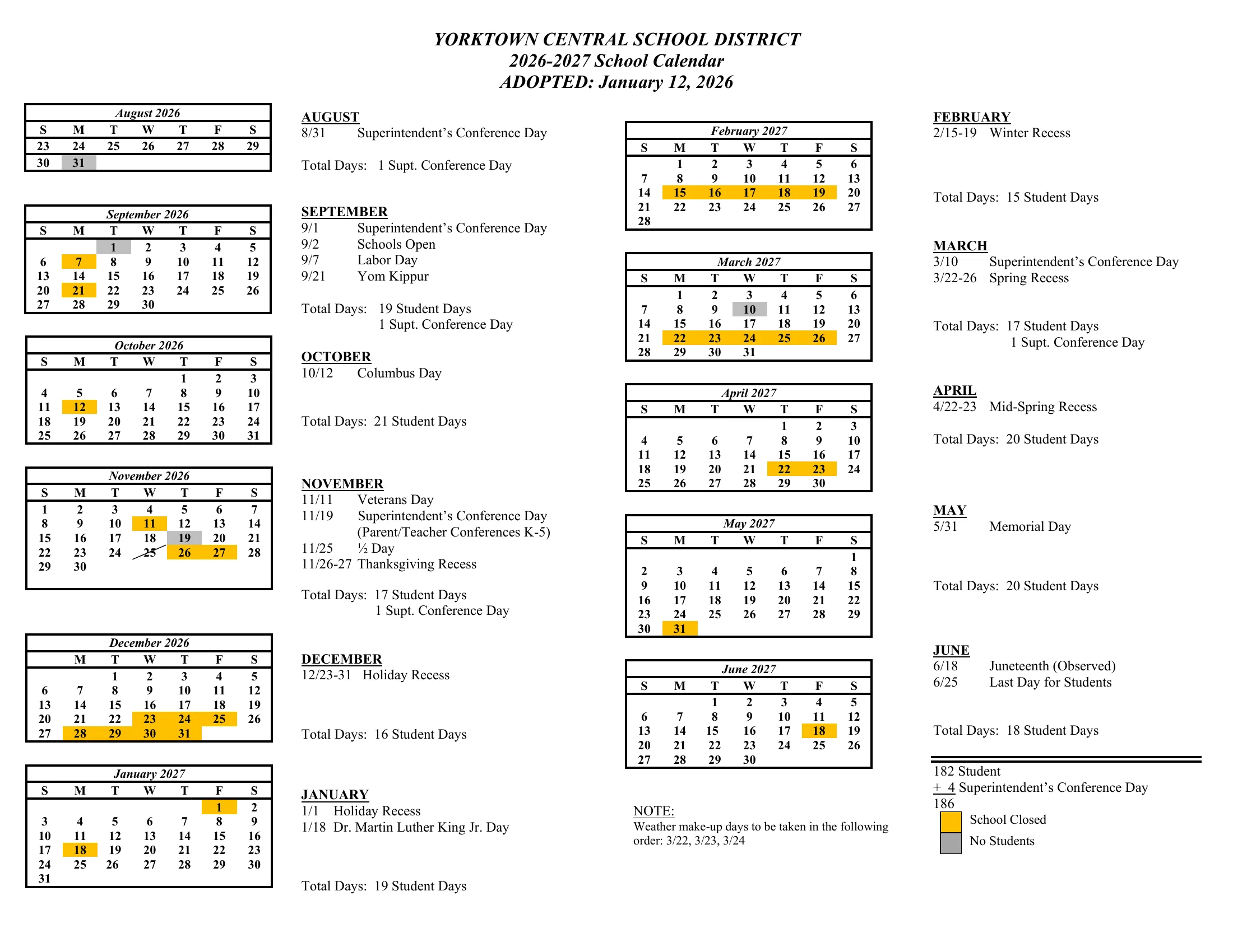 The Yorktown Central School District 2026-2027 School Calendar, adopted Jan. 12, 2026: month grids from August 2026 to June 2027 with schools closed in gold and no-student superintendent's conference days in gray, each month's dates and student day counts beside it, the weather makeup day order and the 182 student day total.
