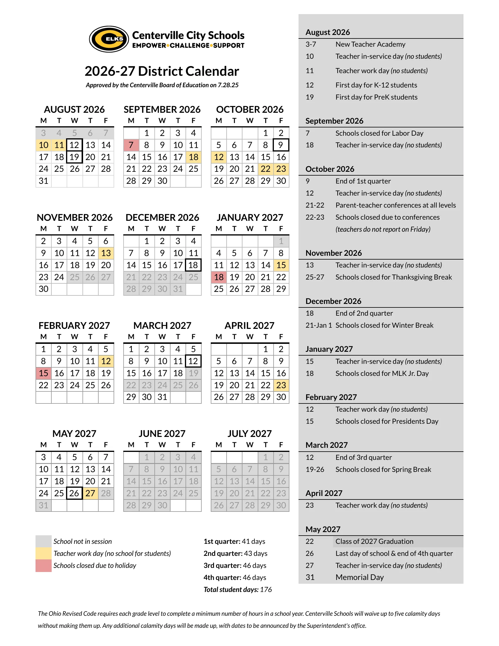 The Centerville City Schools 2026-27 district calendar: weekday grids from August 2026 to July 2027 with days not in session in gray, teacher work days in yellow and holidays in red, quarter day counts and a month-by-month list of dates.