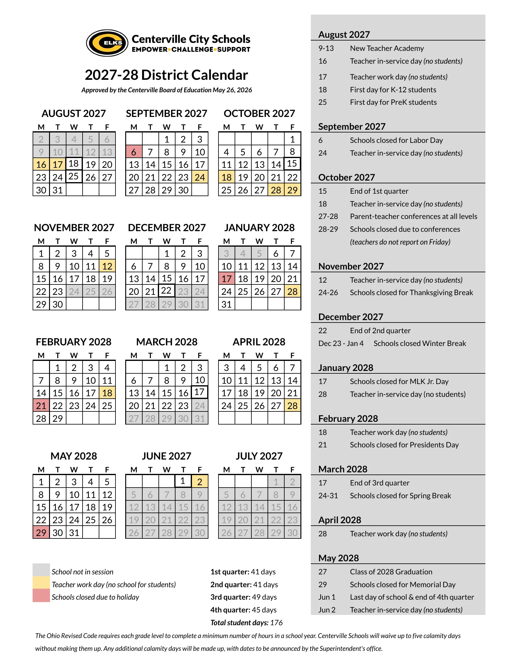 The Centerville City Schools 2027-28 district calendar: weekday grids from August 2027 to June 2028 with days not in session in gray, teacher work days in yellow and holidays in red, quarter day counts and a month-by-month list of dates.