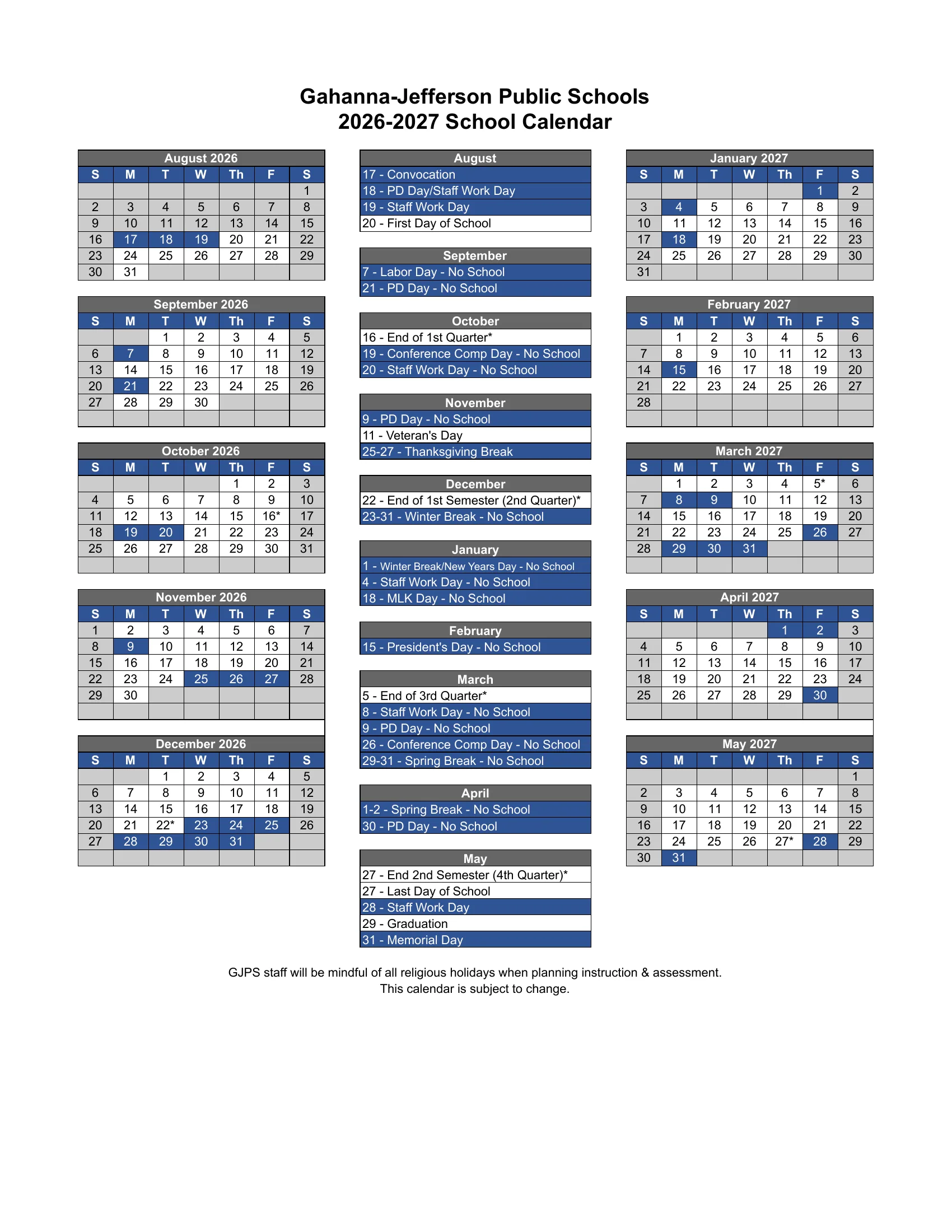 The Gahanna-Jefferson Public Schools 2026-27 school calendar: month grids from August 2026 to May 2027 with no-school and staff days in blue, grading period ends marked with an asterisk, and a month-by-month list of dates.
