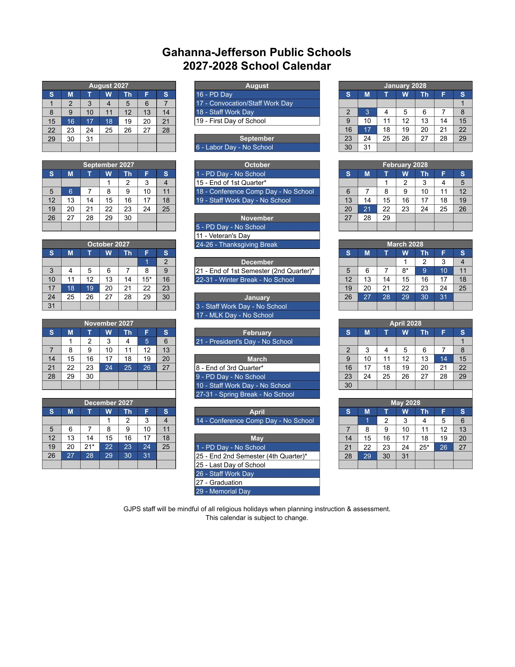 The Gahanna-Jefferson Public Schools 2027-28 school calendar: month grids from August 2027 to May 2028 with no-school and staff days in blue, grading period ends marked with an asterisk, and a month-by-month list of dates.