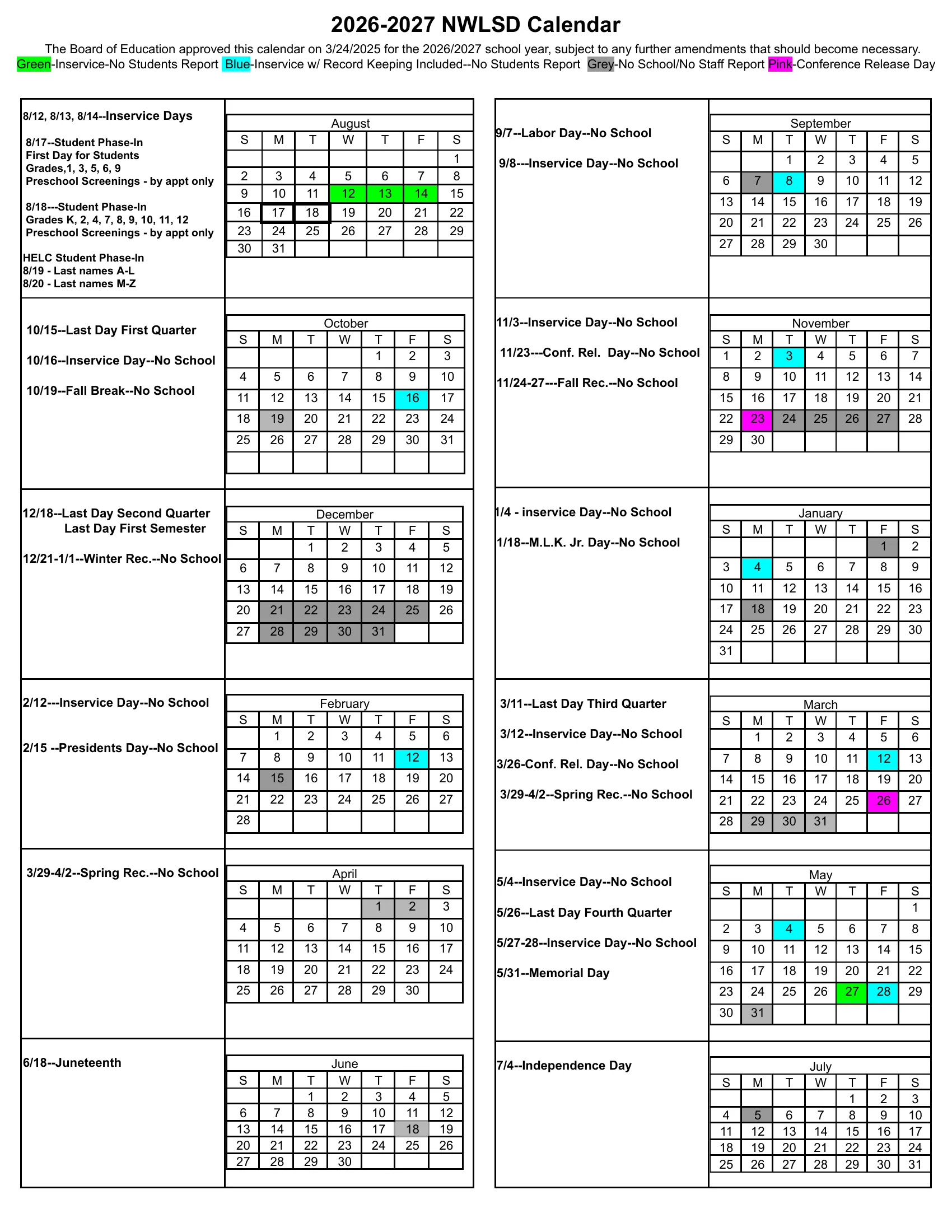 The Northwest Local School District 2026-27 calendar: month grids from August 2026 to July 2027 with inservice days in green and blue, no-school days in gray and conference release days in pink, each month with its list of dates.