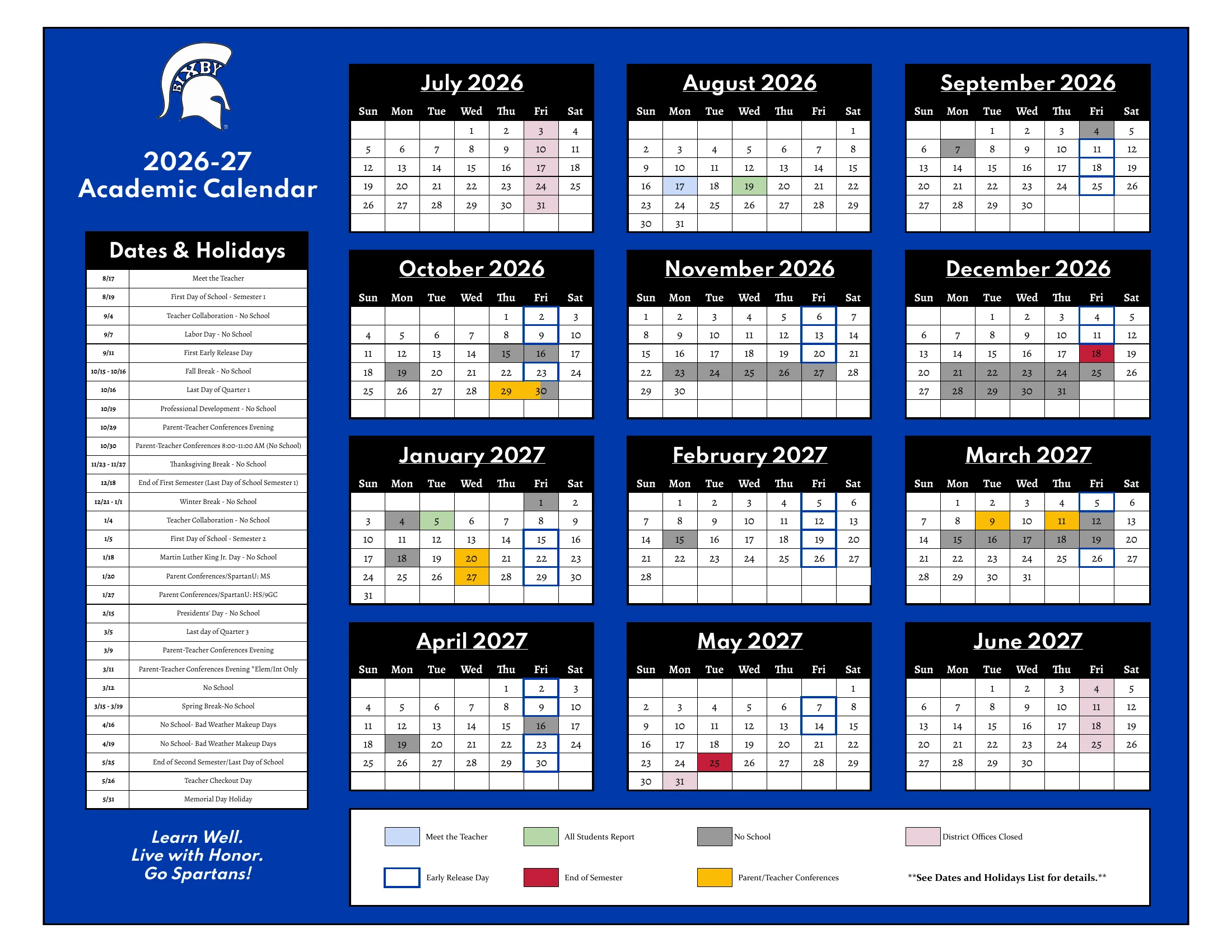 The Bixby Public Schools 2026-27 Academic Calendar: month grids from July 2026 to June 2027 with no-school days in gray, early release Fridays outlined in blue, Meet the Teacher in light blue, the first day in green, parent-teacher conferences in gold, the end of each semester in red and district office closures in pink, beside a Dates and Holidays list.