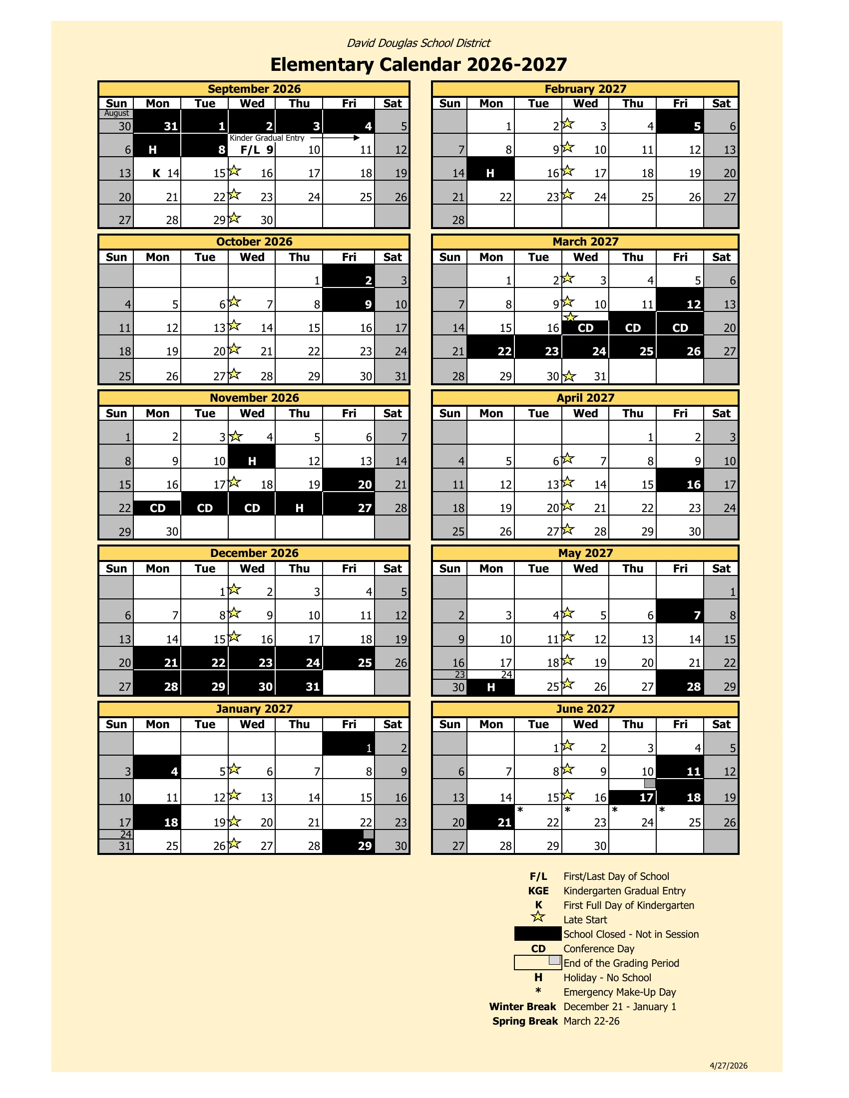 The David Douglas School District Elementary Calendar 2026-2027: month grids from September 2026 to June 2027 with closed days in black, holidays marked H, conference days marked CD, a star on each late start Wednesday, the first and last day marked F/L, emergency makeup days starred in June, and a key with the winter and spring break dates.