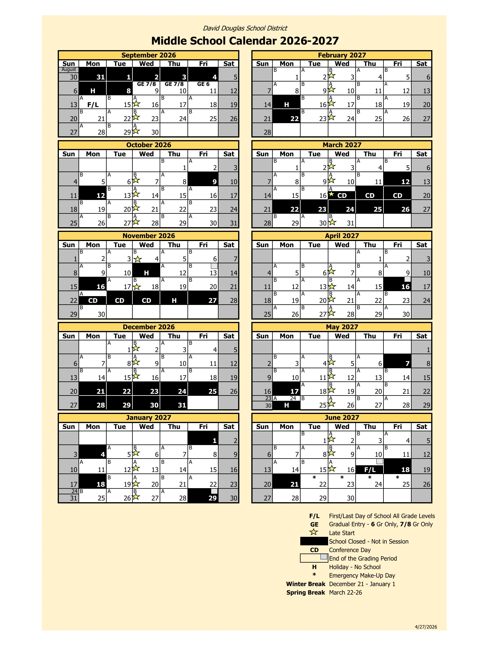 The David Douglas School District Middle School Calendar 2026-2027: month grids from September 2026 to June 2027 with A and B days, closed days in black, holidays marked H, conference days marked CD, gradual entry days marked GE, a star on each late start Wednesday, emergency makeup days starred in June, and a key with the winter and spring break dates.
