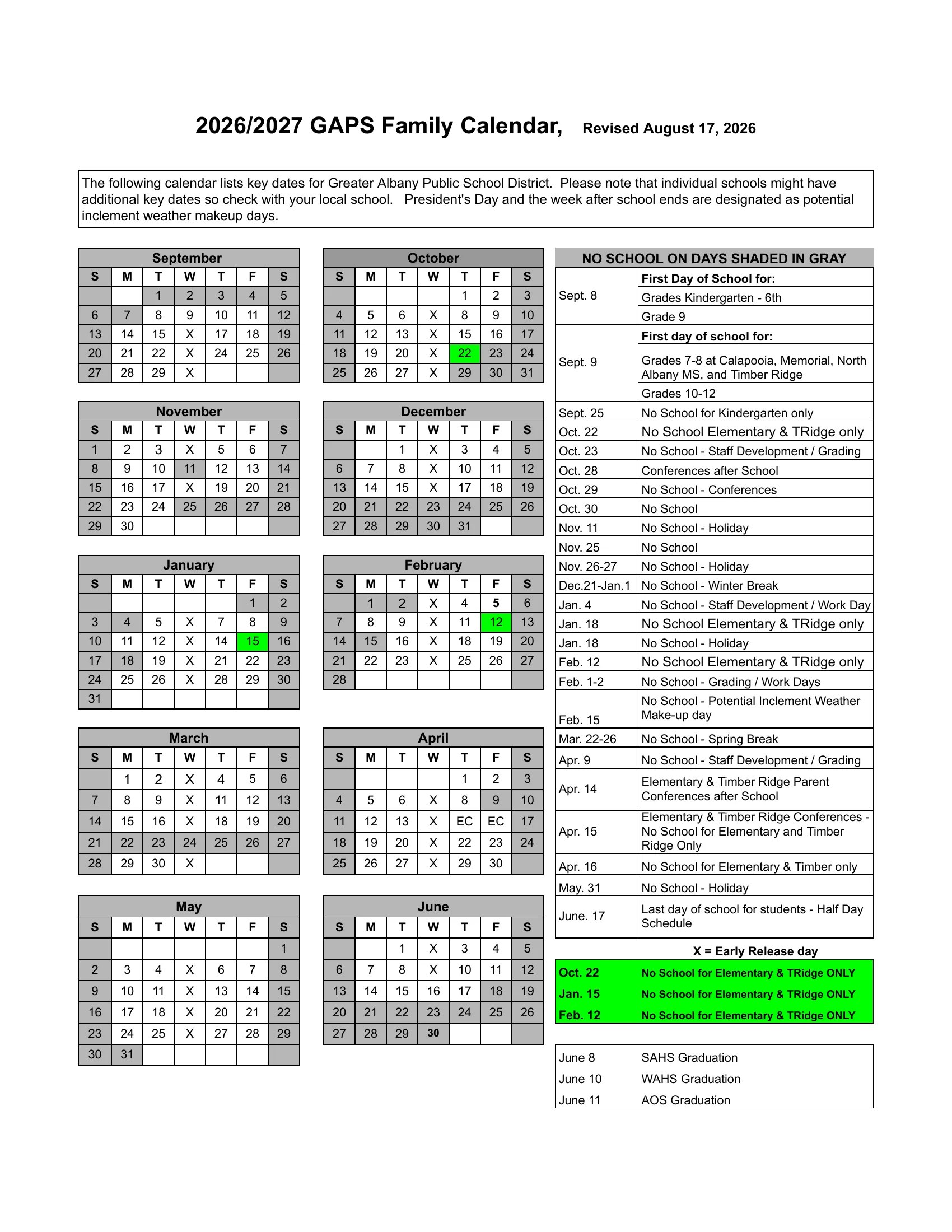 The 2026/2027 GAPS Family Calendar: month grids from September 2026 to June 2027 with no-school days shaded gray, days off for elementary schools and Timber Ridge in green, Wednesday early release days marked X, elementary conferences marked EC, and a list of first days and no-school dates.