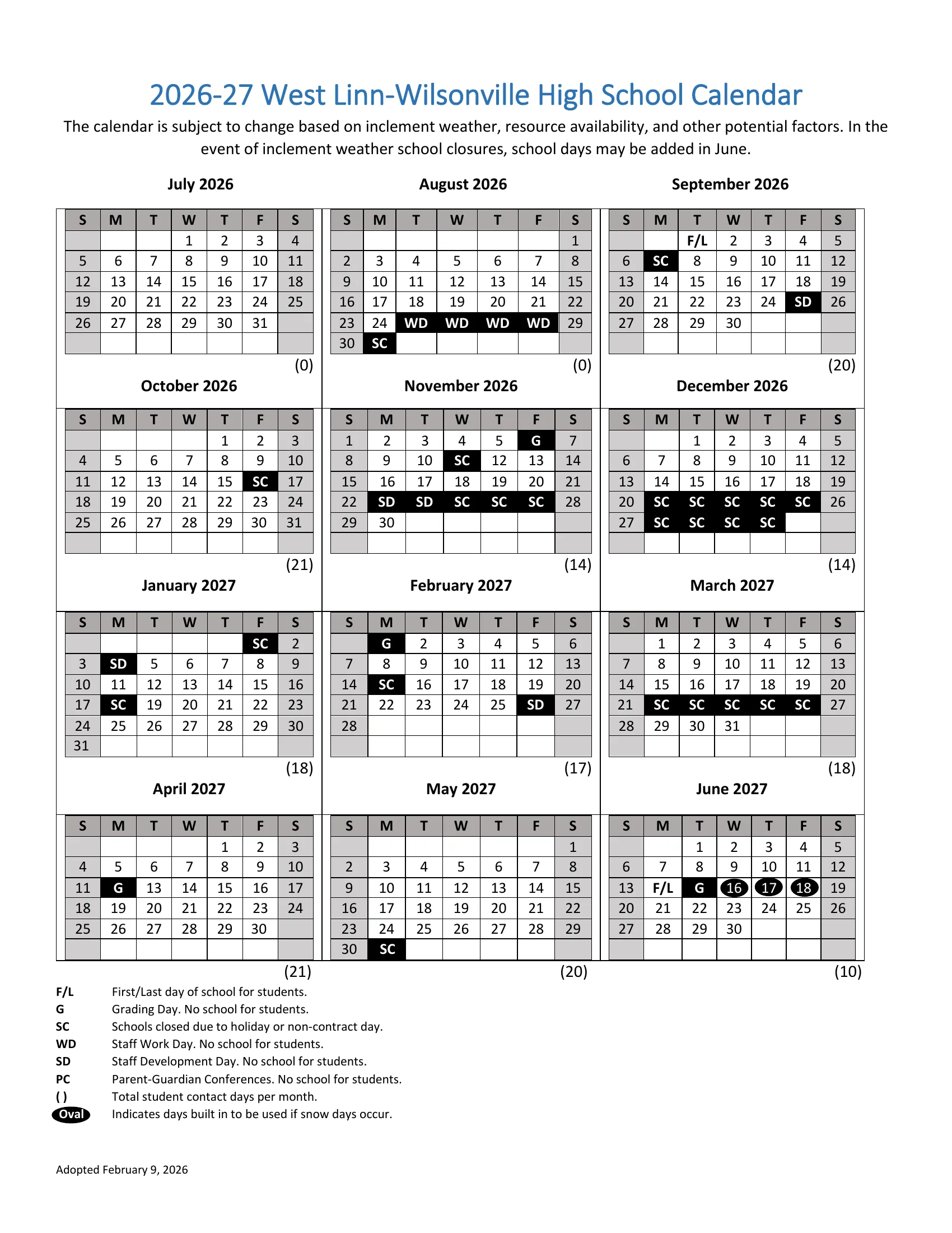 The 2026-27 West Linn-Wilsonville High School Calendar: month grids from July 2026 to June 2027 with days off marked in black boxes by code (schools closed, staff development, staff work day, grading day), snow makeup days circled in June, and the student days counted under each month.