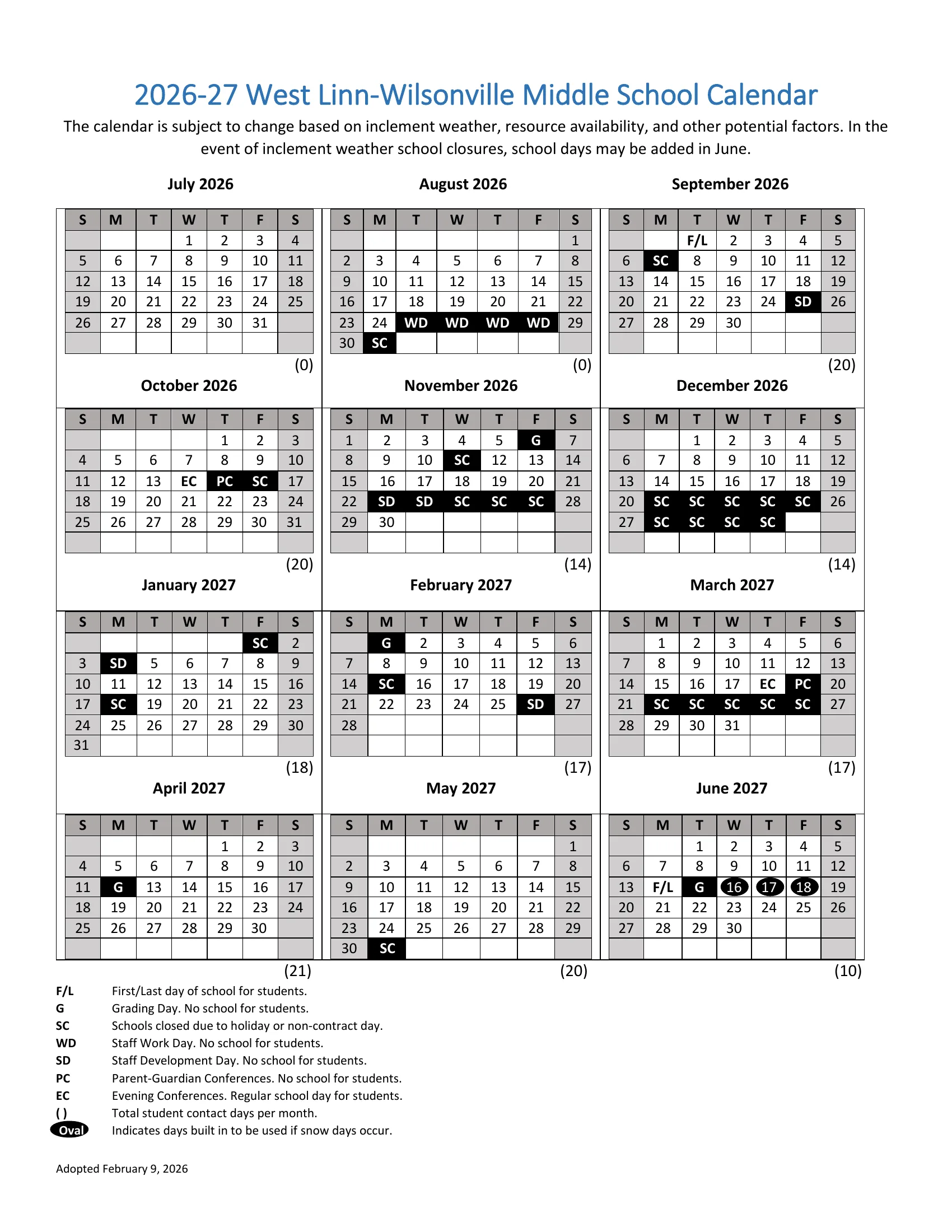 The 2026-27 West Linn-Wilsonville Middle School Calendar: month grids from July 2026 to June 2027 with days off marked in black boxes by code (schools closed, staff development, staff work day, grading day, parent-guardian conferences), snow makeup days circled in June, and the student days counted under each month.