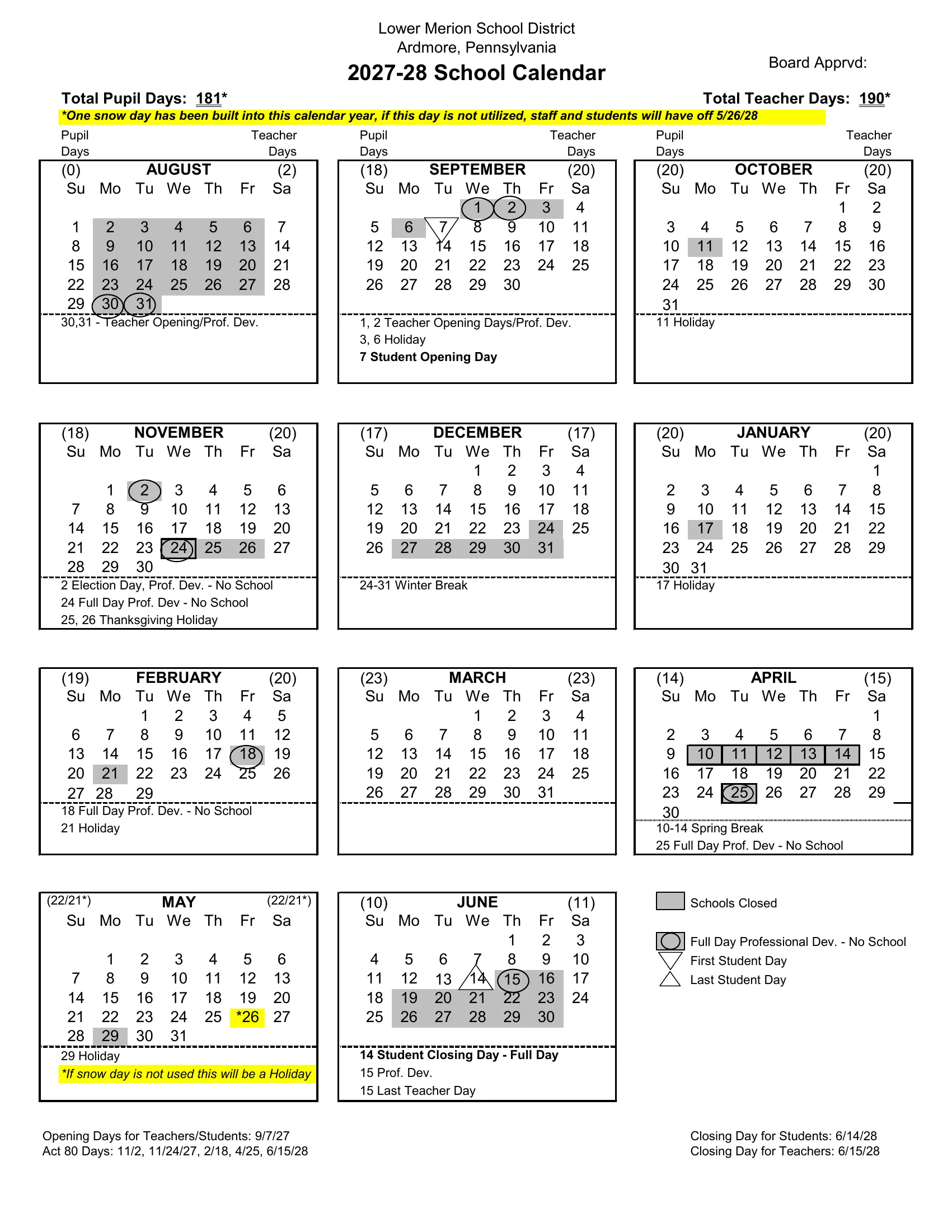 The Lower Merion School District 2027-28 School Calendar: month grids from August 2027 to June 2028 with schools-closed days shaded gray, staff development days circled, triangles on the first and last student days, May 26 highlighted as the built-in snow day, each month's pupil and teacher day counts and notes under each month.