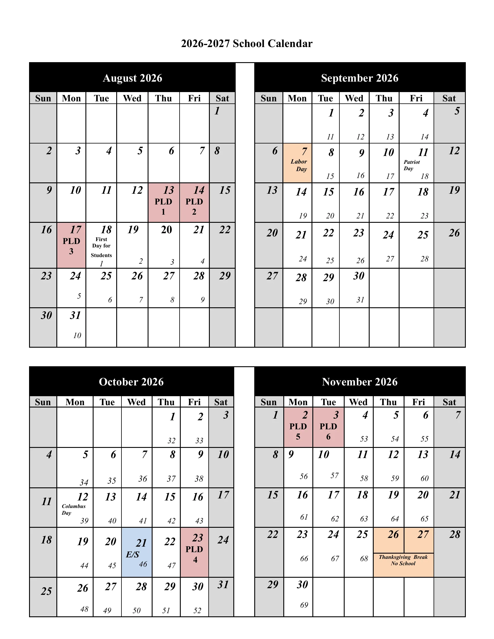 The North Allegheny School District 2026-2027 School Calendar: a page with the number of student and staff days in each month, the ten professional learning days and the first and last day, then month grids from August to June with every student day numbered, professional learning days in pink, holidays and breaks in orange and the end of each grading period in blue. Page 2 of 4.