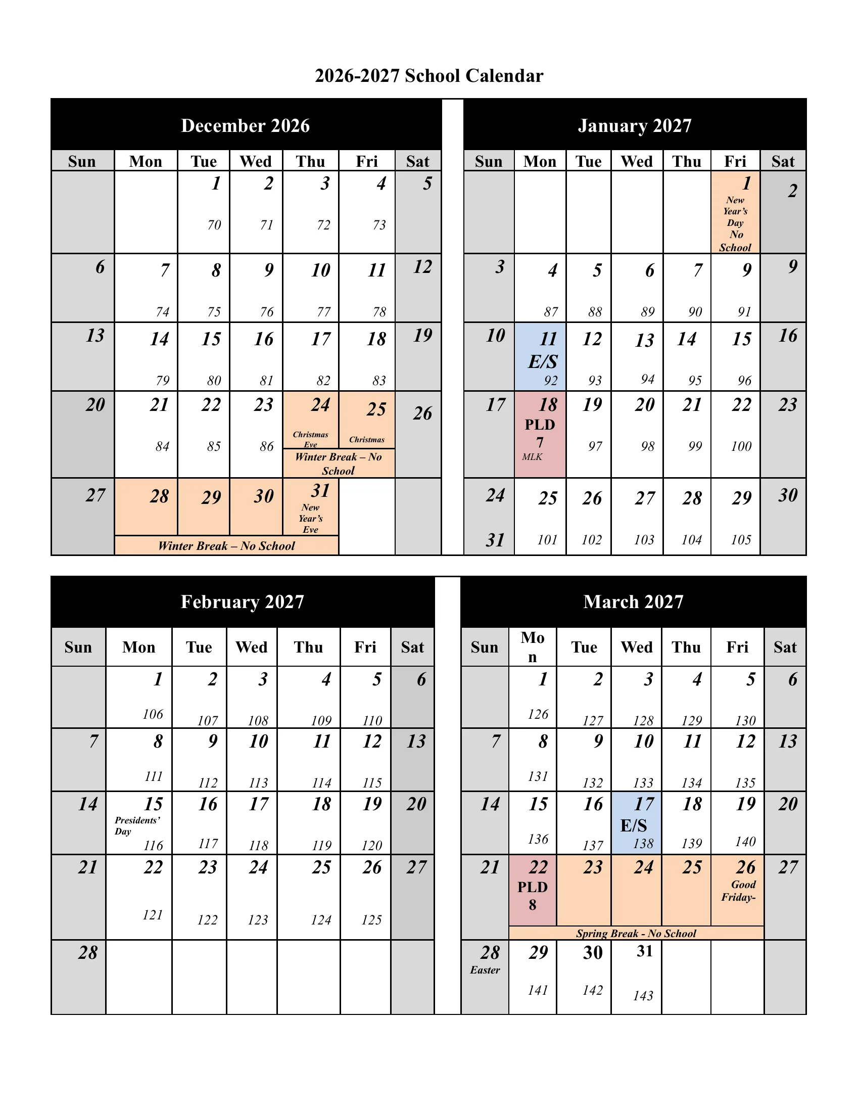 The North Allegheny School District 2026-2027 School Calendar: a page with the number of student and staff days in each month, the ten professional learning days and the first and last day, then month grids from August to June with every student day numbered, professional learning days in pink, holidays and breaks in orange and the end of each grading period in blue. Page 3 of 4.