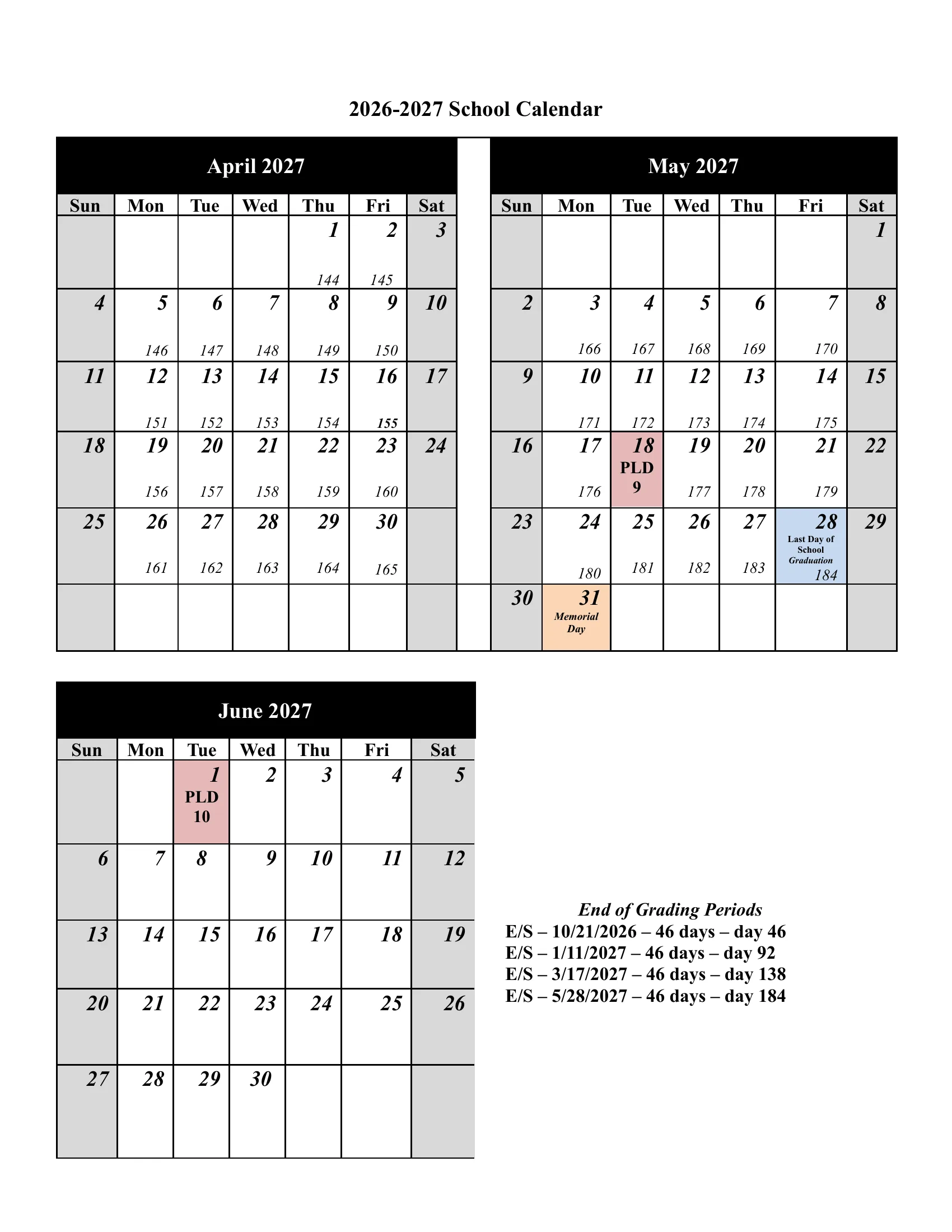 The North Allegheny School District 2026-2027 School Calendar: a page with the number of student and staff days in each month, the ten professional learning days and the first and last day, then month grids from August to June with every student day numbered, professional learning days in pink, holidays and breaks in orange and the end of each grading period in blue. Page 4 of 4.