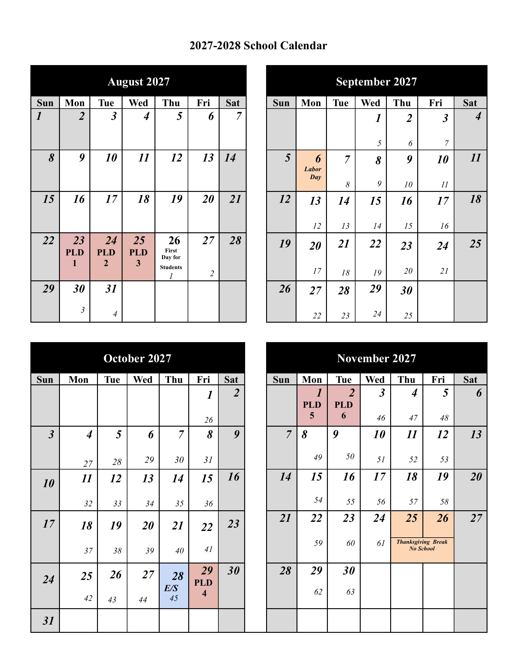 The North Allegheny School District 2027-2028 School Calendar: a page with the number of student and staff days in each month, the ten professional learning days and the first and last day, then month grids from August to June with every student day numbered, professional learning days in pink, holidays and breaks in orange and the end of each grading period in blue. Page 2 of 4.