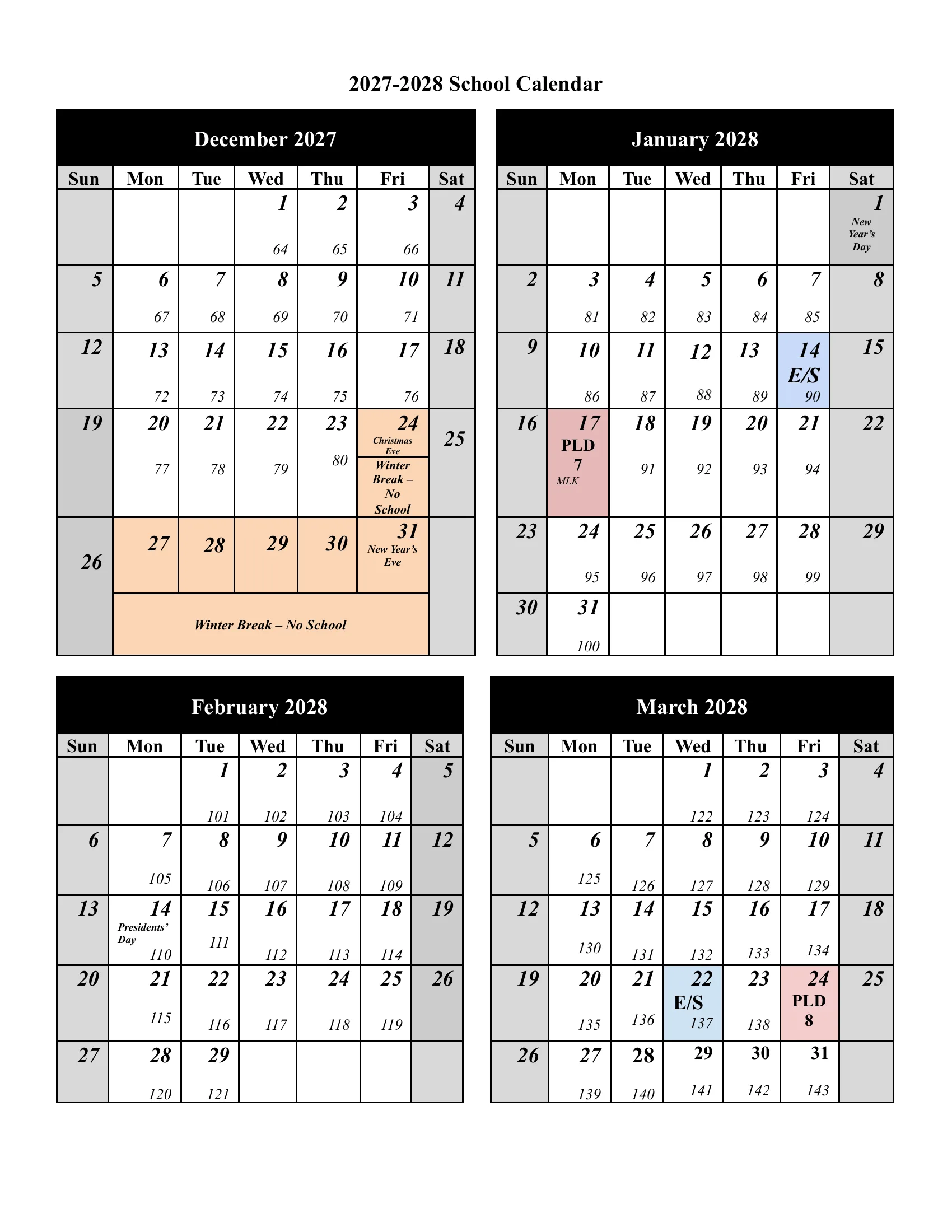 The North Allegheny School District 2027-2028 School Calendar: a page with the number of student and staff days in each month, the ten professional learning days and the first and last day, then month grids from August to June with every student day numbered, professional learning days in pink, holidays and breaks in orange and the end of each grading period in blue. Page 3 of 4.