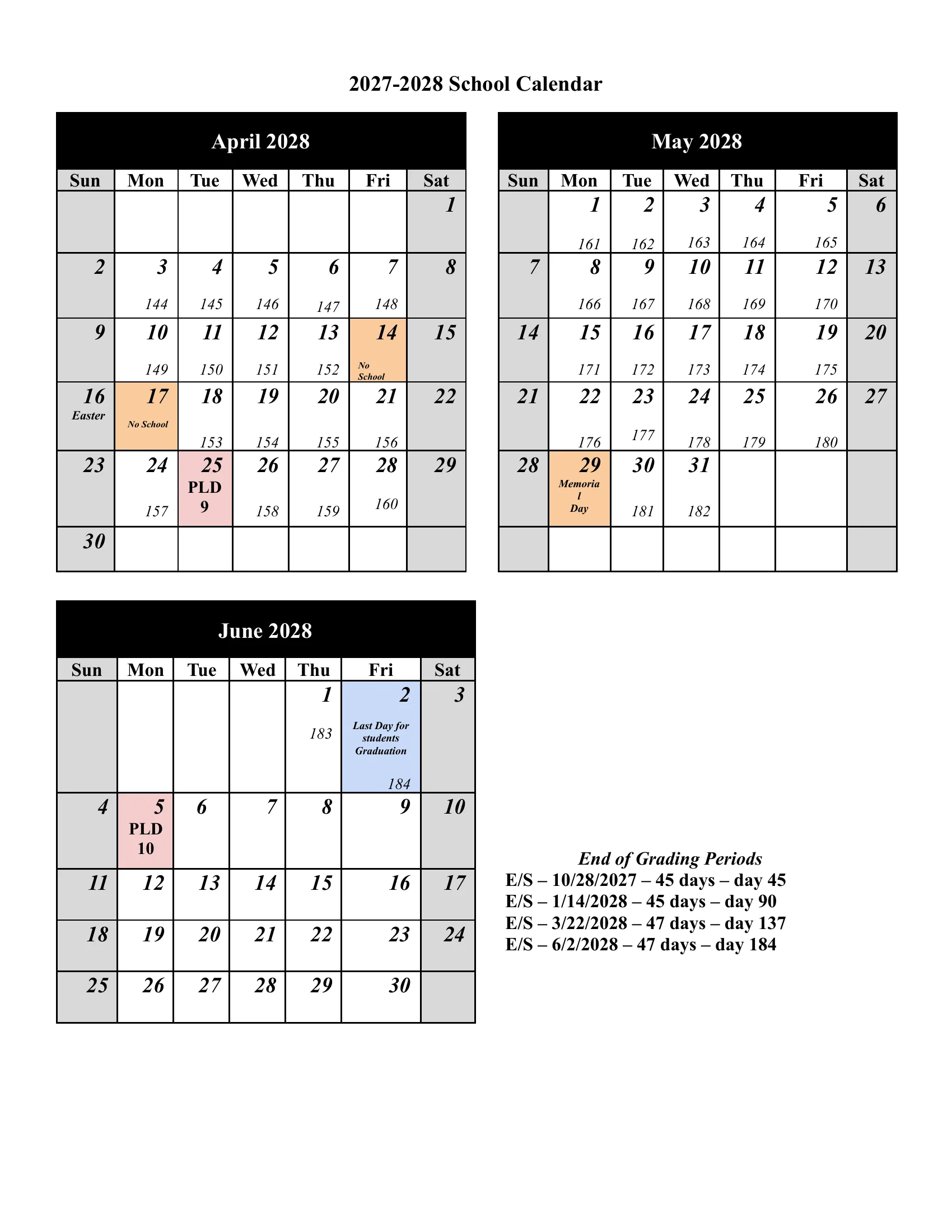 The North Allegheny School District 2027-2028 School Calendar: a page with the number of student and staff days in each month, the ten professional learning days and the first and last day, then month grids from August to June with every student day numbered, professional learning days in pink, holidays and breaks in orange and the end of each grading period in blue. Page 4 of 4.